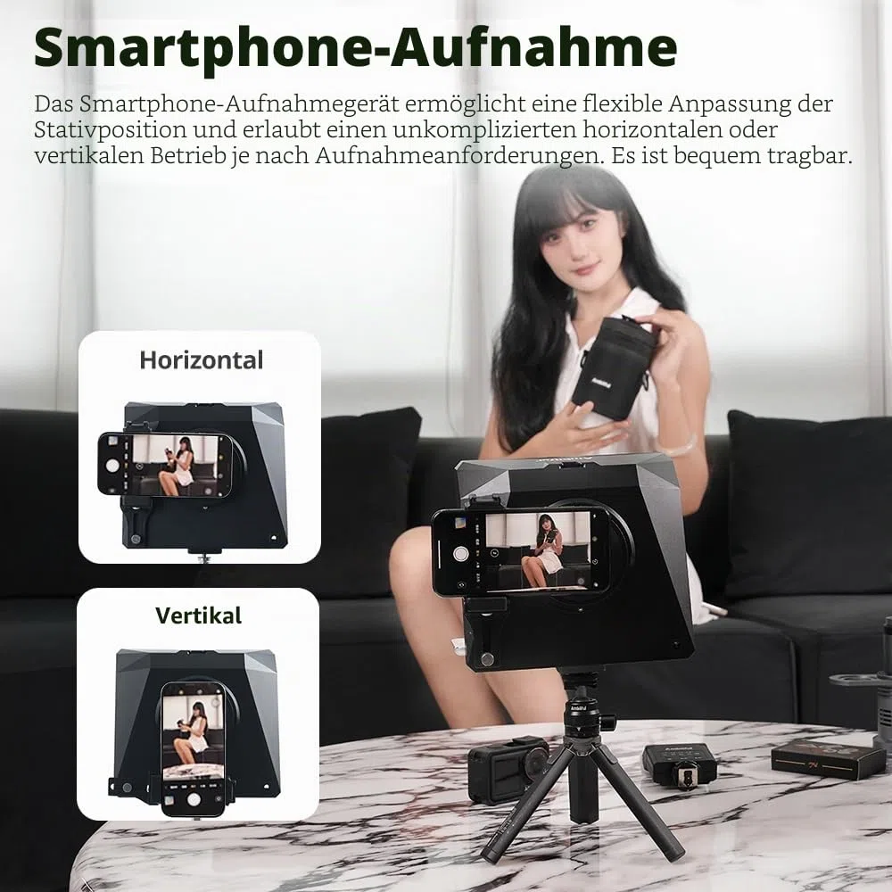 Ambitful T1 Pro Teleprompter für Handy mit Desktop-Stativ, schnell einzurichten, tragbares Teleprompter-Set mit Fernbedienung, unterstützt Smartphone/DSLR/Mini-Tablet (unter 8,3 Zoll), für YouTube