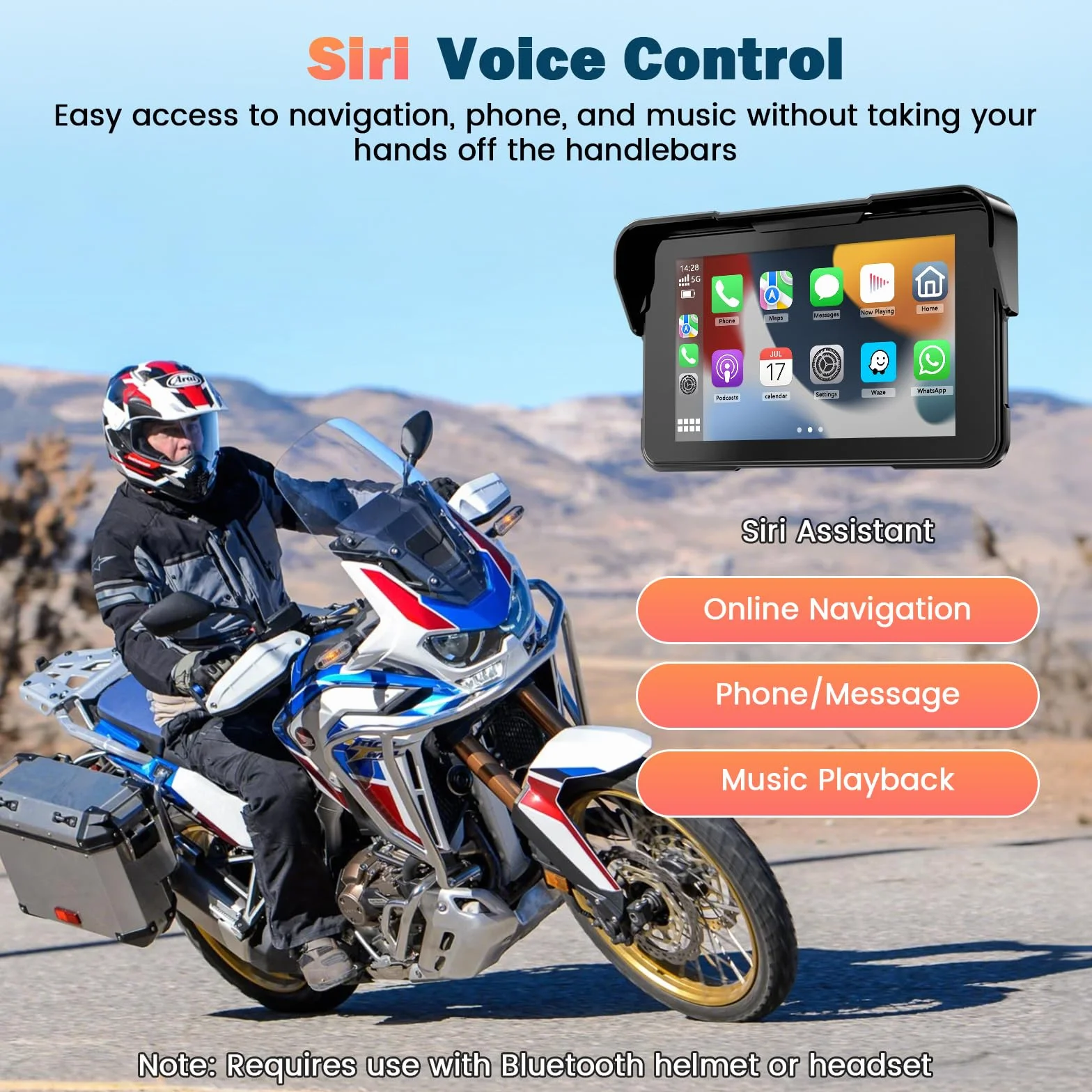 Motorrad Navi Carplay Display, Motorrad Navigationsgeräte mit CarPlay & Android Auto, 5 Zoll Wasserdicht Motorräder Display mit Bluetooth, Motorradnavigation, Sprachassistenten, Magnetische Halterung