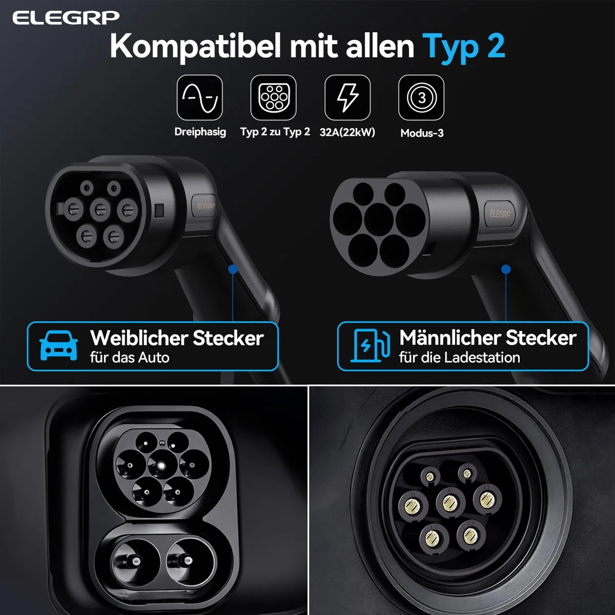 ELEGRP Typ 2 Ladekabel, 22kW 7M 32A 3-Phasig, Typ 2 auf Typ 2 Mode 3 Ladekabel für Elektroauto EV/PHEV mit Tragetasche, Geeignet für Model S/3/X/Y, VW ID.3 ID.4 e-Golf und andere EV