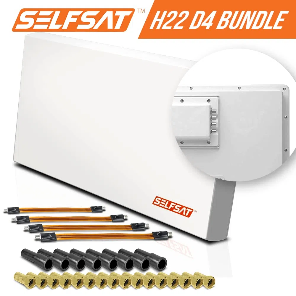 Selfsat H22D4+ 4 TV Teilnehmer SAT Flachantenne Flat +Profi Fensterdurchführung Full HD