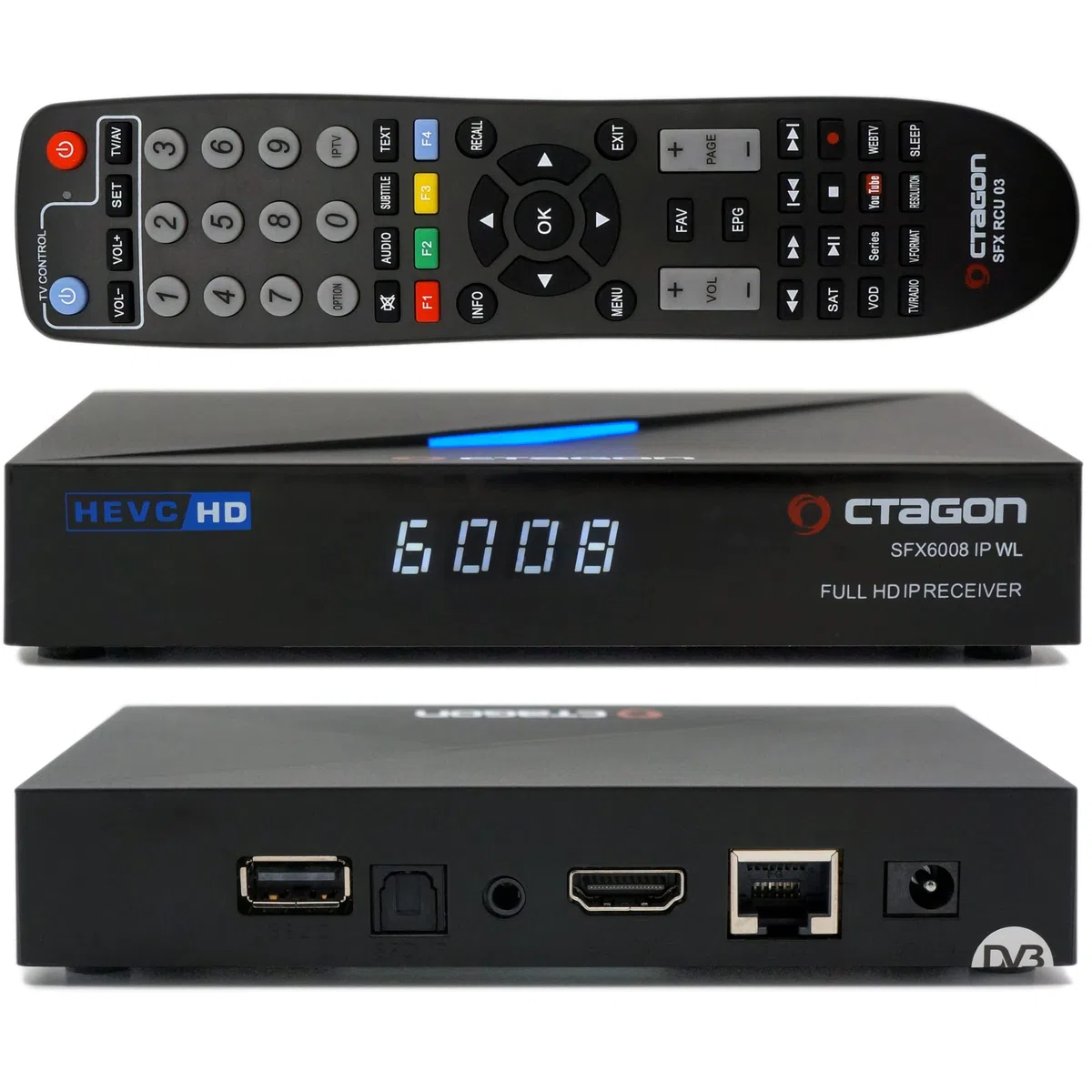 Octagon SFX6008 IP WL Full-HD H.265 HEVC, E2 Linux Set-Top Box & Smart Internet TV Receiver, Sat to Client Support, DLNA, YouTube, Web-Radio, 150Mbit WiFi intern, HDMI, schwarz