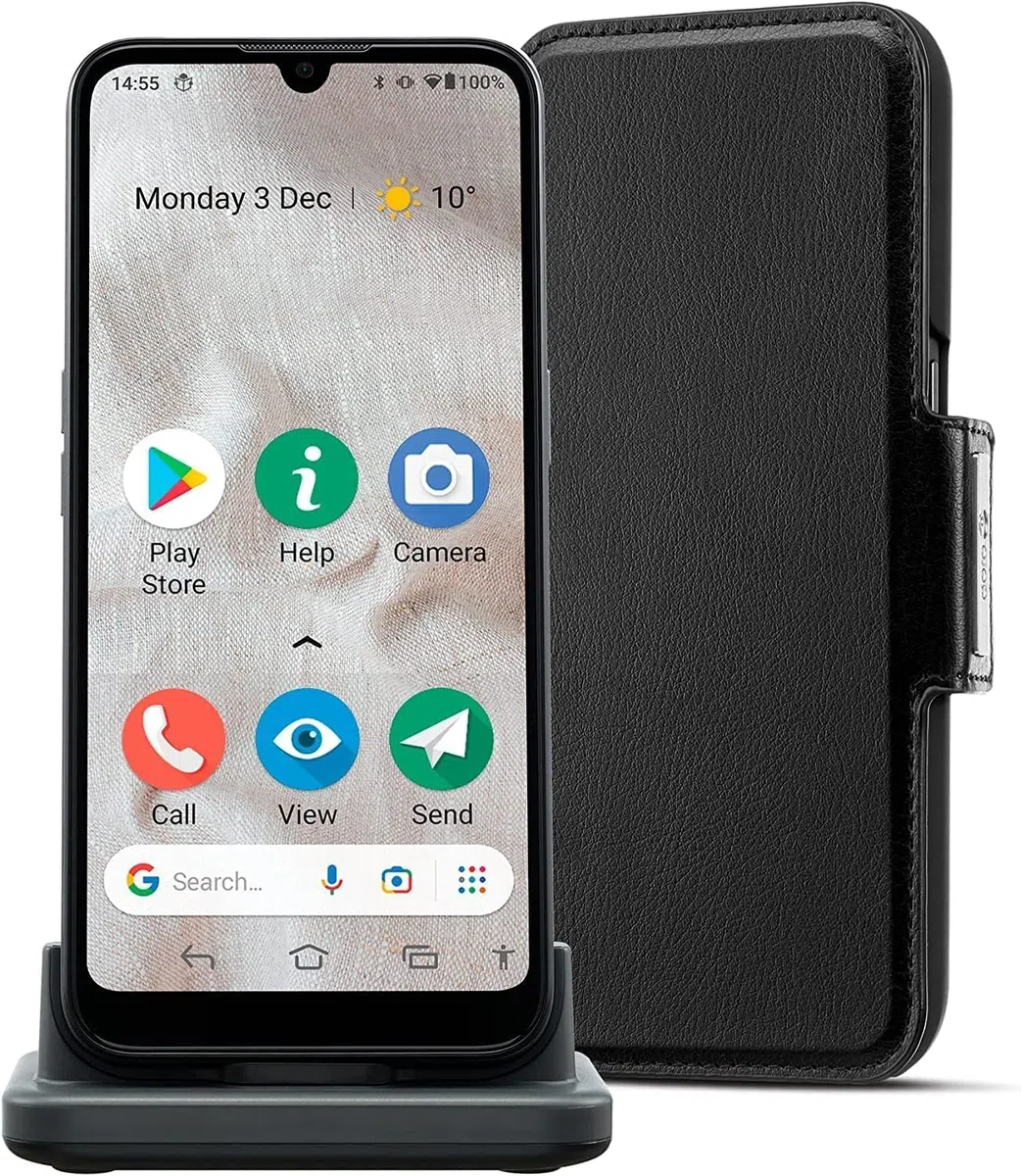 Doro 8100 Plus 4G Smartphone für Senioren - Entsperrt - Wasserdicht - mit Triple-Kamera - 6,1" Bildschirm - GPS - Gesichtserkennung - Ladestation und Hülle (Schwarz)