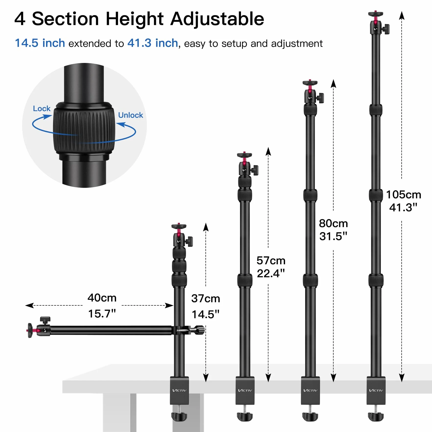 Victiv Kamera Tischhalterung, 37cm-105cm Kamera Tischstativ für DSLR Canon, Lichtstativ Klemmstativ mit Flexibler Arm & 1/4" Kugelkopf für Kameras, LED-Licht, Webcam, Handy Tisch Stativ für Smartphone