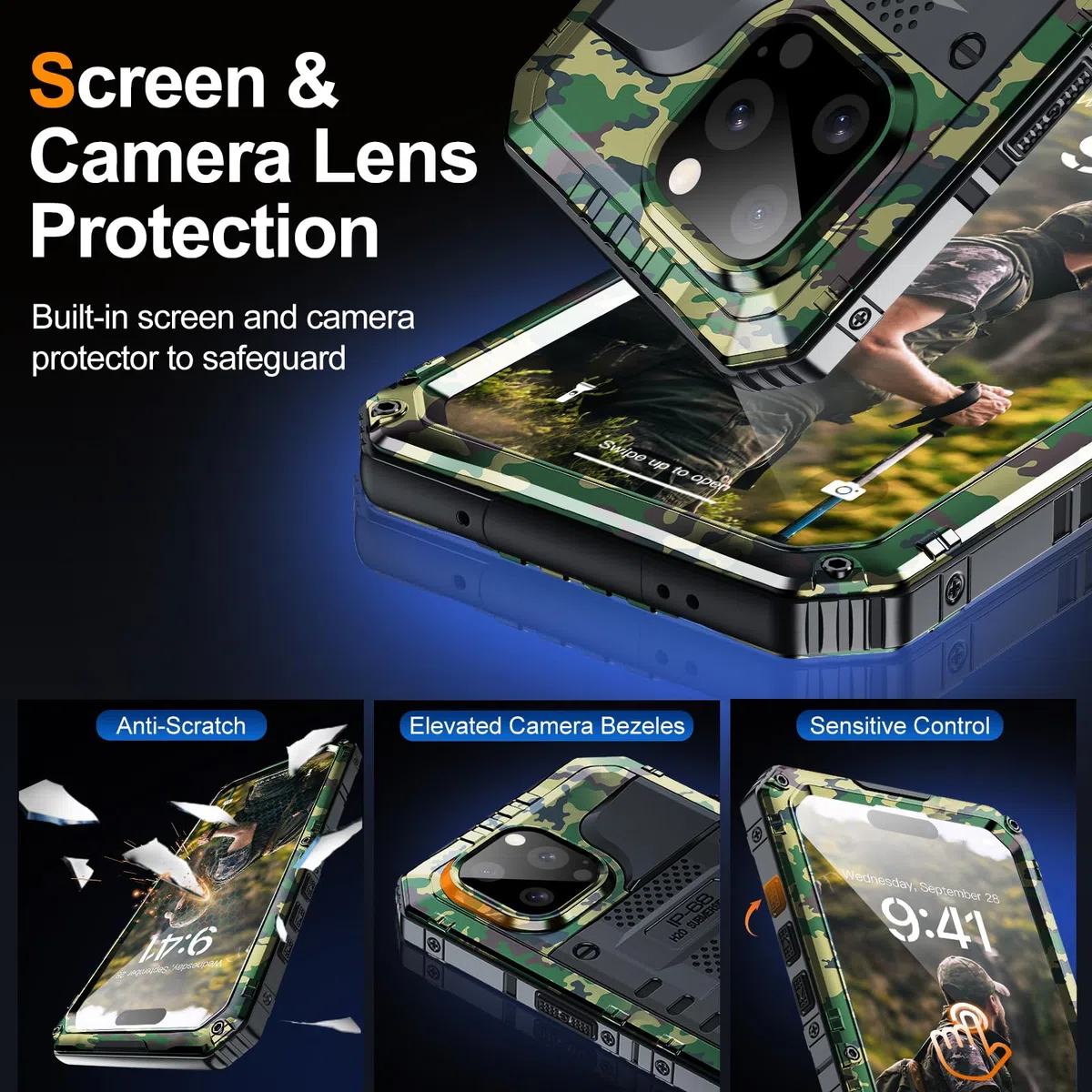 Mitywah Wasserdichte Hülle für iPhone 15 Pro, robuste, stoßfeste Hülle mit integriertem Displayschutz, Ganzkörper-Unterwasser-Schutzhülle, Metallhülle, 6,1 Zoll, Camouflage