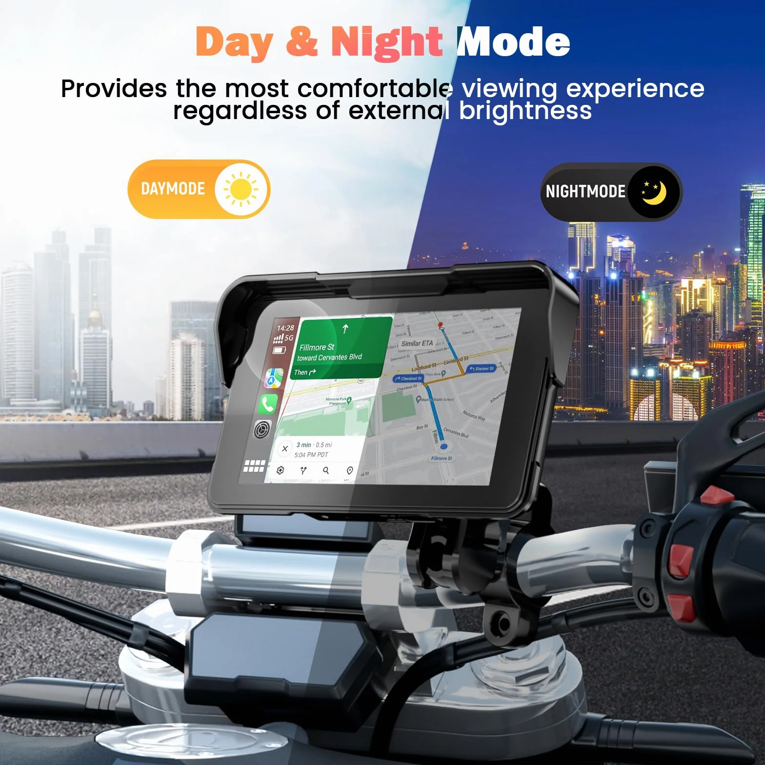 Motorrad Navi Carplay Display, Motorrad Navigationsgeräte mit CarPlay & Android Auto, 5 Zoll Wasserdicht Motorräder Display mit Bluetooth, Motorradnavigation, Sprachassistenten, Magnetische Halterung