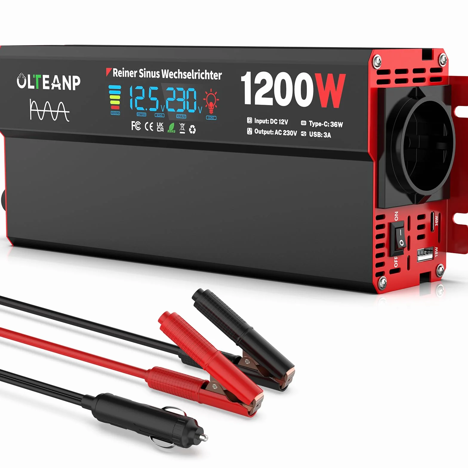 OLTEANP Wechselrichter 12V auf 230V Reiner Sinus,Spannungswandler 1200W Inverter mit LCD-Bildschirmanzeige, AC-Steckdosen, 36W Typ-C-Anschluss, 5V/3A USB-Anschluss für LKW,Zuhause,Fahrzeuge