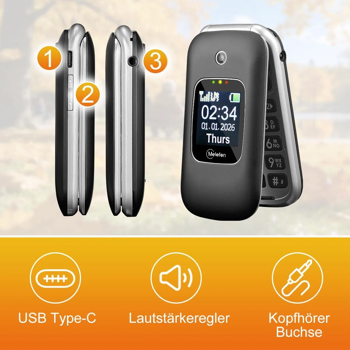 4G Seniorenhandy Klapphandy ohne Vertrag, Großtasten Handy für Senioren mit SOS Notruffunktion, Einfach zu bedienen, 2,4+1,44 Zoll Dual Display, Ladestation, FM Radio