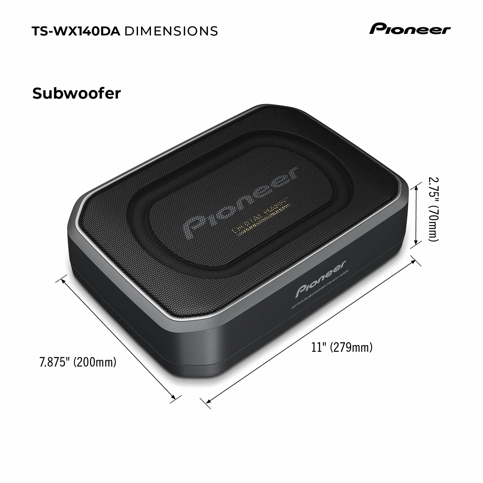 PIONEER TS-WX140DA Aktivsubwoofer, leistungsstarker Gehäuse Subwoofer mit 170 W Maximalleistung, 20 x 13 cm Subwoofer in MDF Gehäuse, IMPP Membran, schwarz, Kabelfernbedienung (5m Zuleitung)