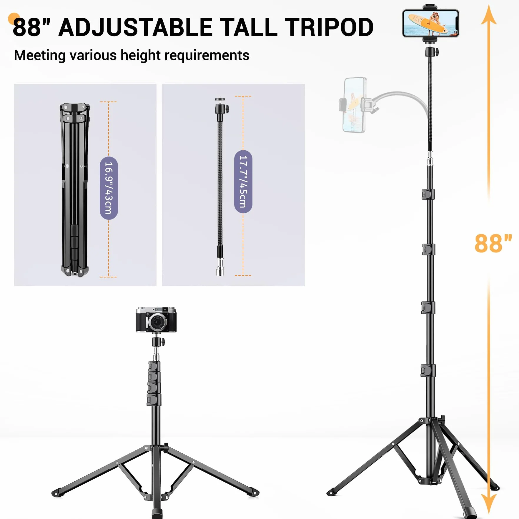 Victiv 224cm Hoch Handy Stativ, Schwerlast Flexibel Overhead Stativ für Kamera mit 35cm Verstellbarer Schwanenhals, Aluminium Kamera Phone Stative für Canon DSLR & iPhone17 16 15 Pro Max Min, Samsung