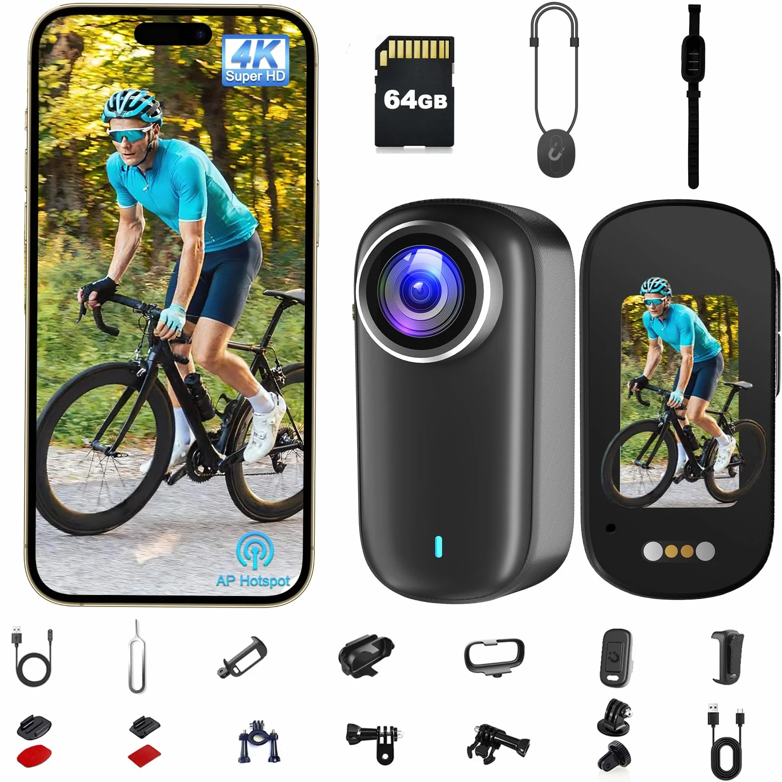Action Cam, Bodycam 4K mit 64GB Karte, Actionkameras WiFi mit Display, 1200-mAh-Akku Mini Cameras, Magnetisch & Clip Actioncam Wasserdicht IP65 für Helmkamera Motorrad, Loop-Funktion Dashcam Fahrrad
