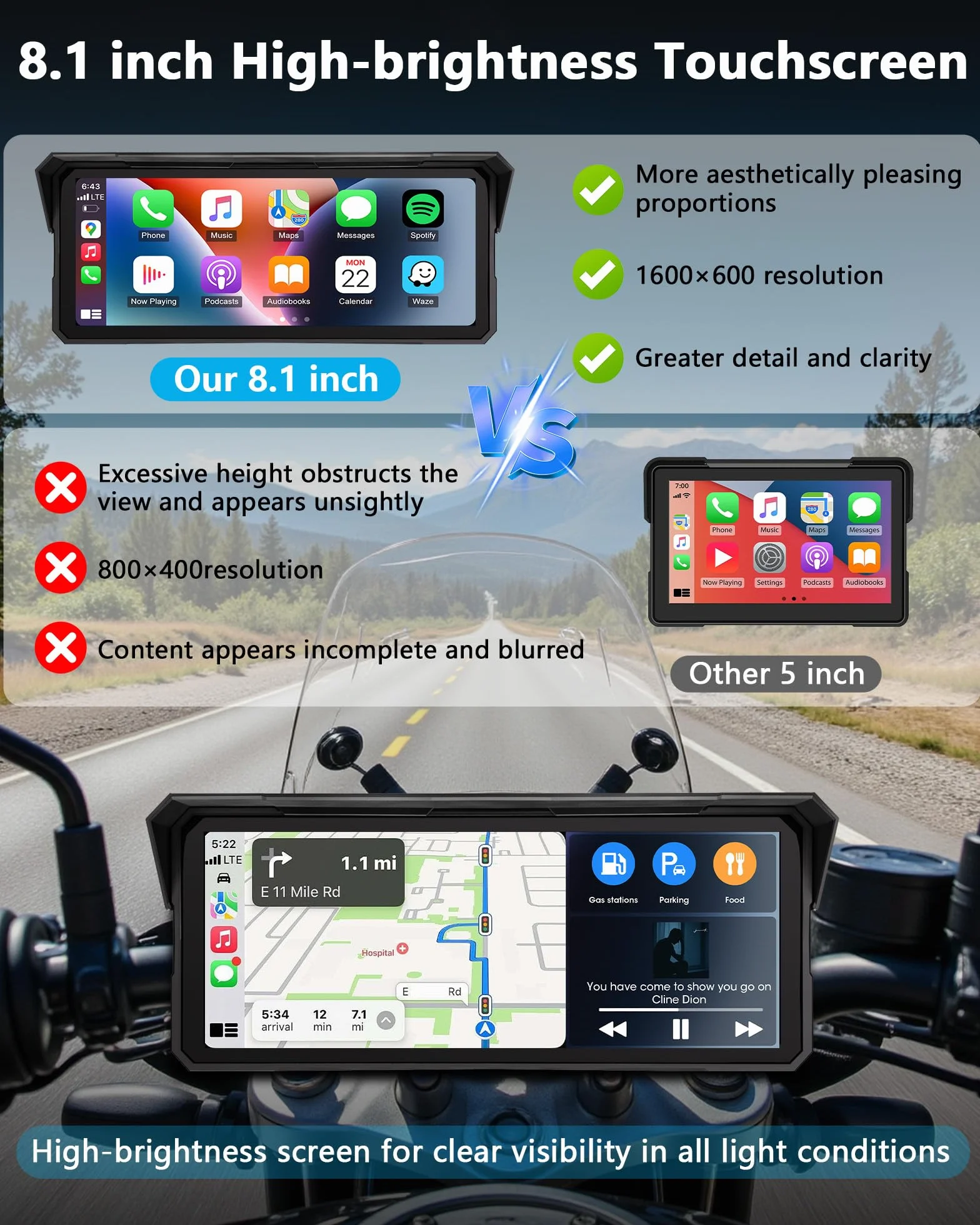 8,1 Zoll Motorrad Carplay Drahtloses Carplay und Android Auto für Motorräder, IP67 Wasserdichtes Touchscreen Motorrad Navi GPS, Bluetooth-Audio, Siri und Google