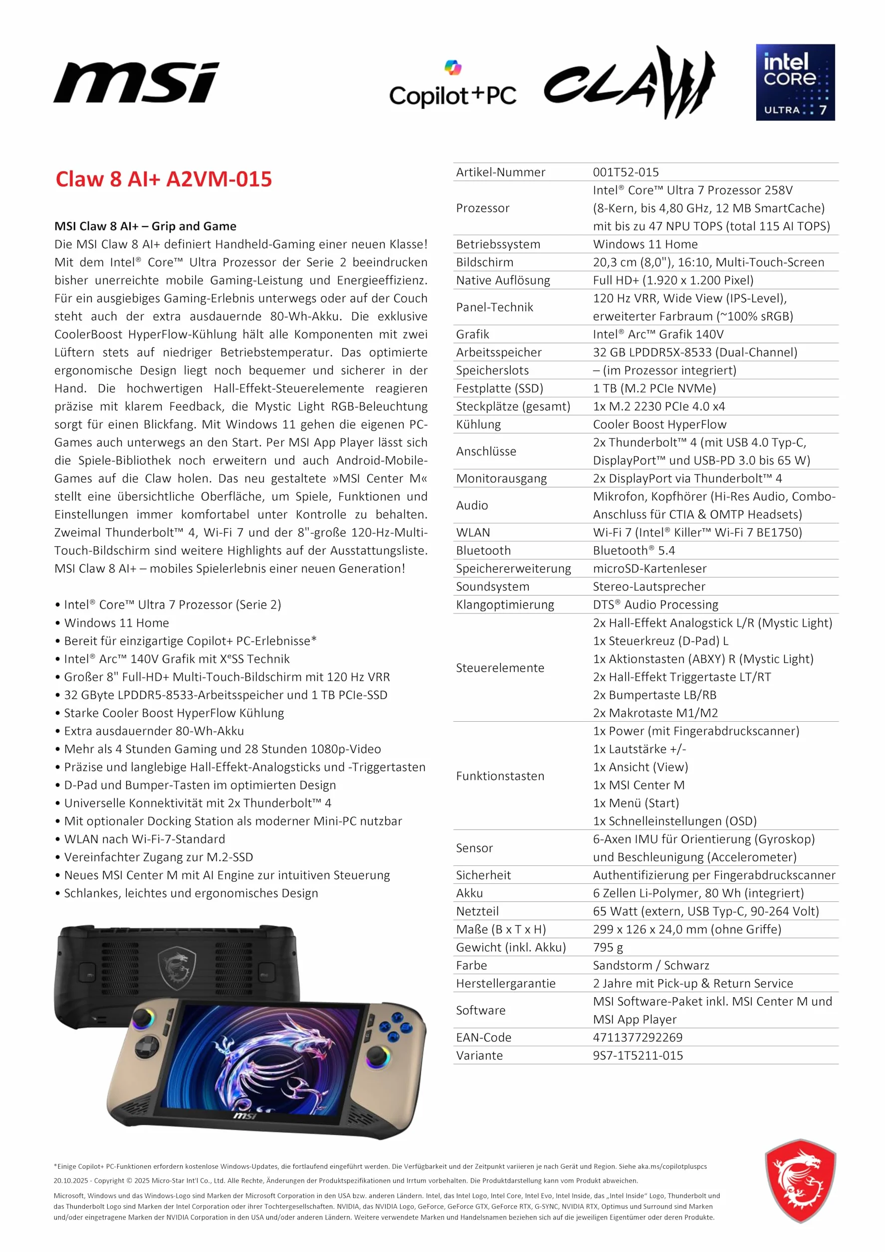 MSI Claw 8 AI+ Gaming Handheld, 8 Zoll FHD+ 120 Hz Display, Intel Core Ultra 7 258V, 32 GB RAM, 1 TB SSD, Intel Arc Grafik, Windows 11 Home, Schwarz/Sandstorm
