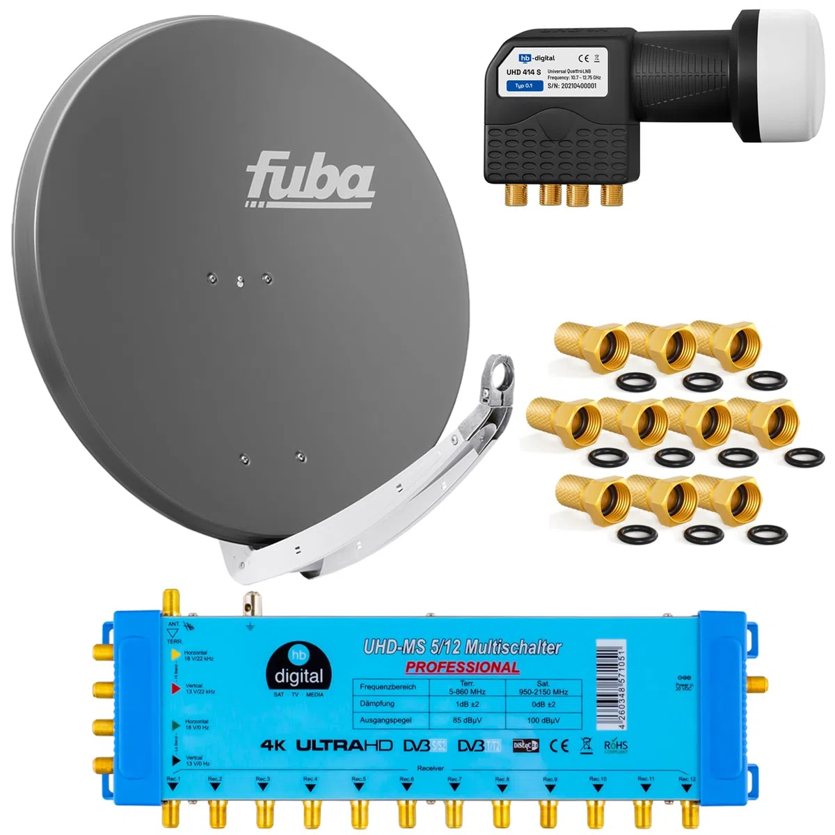 FUBA 12 TEILNEHMER DIGITAL SAT ANLAGE DAA850A + Profi LNB 0,1dB Full HDTV 4K + PMSE Multischalter 5/12 + 35 Vergoldete F-Stecker Gratis dazu