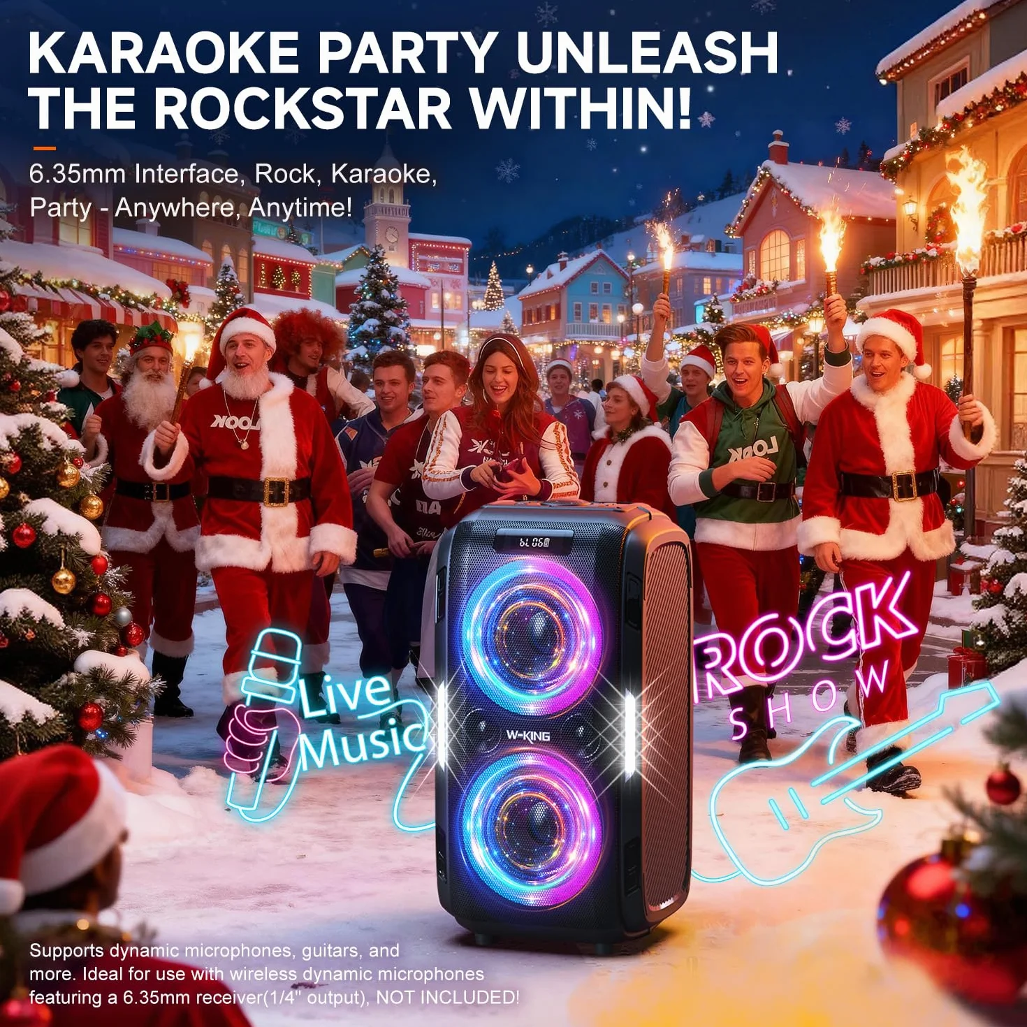 W-KING 270W PEAK Musikbox Bluetooth Lautsprecher Box Groß-Lautesten Party Boom Box Stereo Outdoor, Huge 125dB/12 Custom-Bässe/2*16,5CM-Woofers-Natür Super Bass/MIC>R IN/USB/TF/AUX,Herausnehmbar Akku