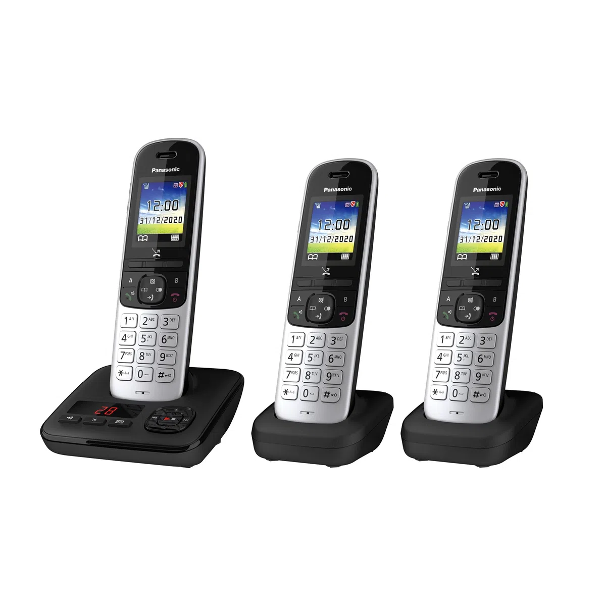 Panasonic KX-TGH723GS Schnurlostelefon mit Anrufbeantworter 3er Set (DECT Telefon, strahlungsarm, Farbdisplay, Anrufsperre, Freisprechen) schwarz