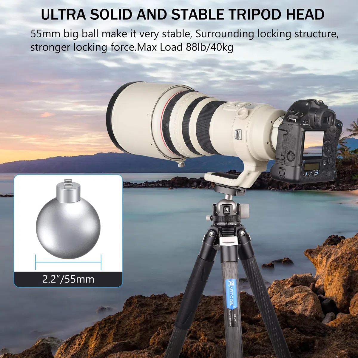 55mm Low Profile Kugelkopf, ARTCISE KB55 Heavy Duty Stativkopf aus Vollmetall mit DREI 1/4" Schnellwechselplatten für Stativ, Einbeinstativ, DSLR, Camcorder, maximale Belastung 40kg.