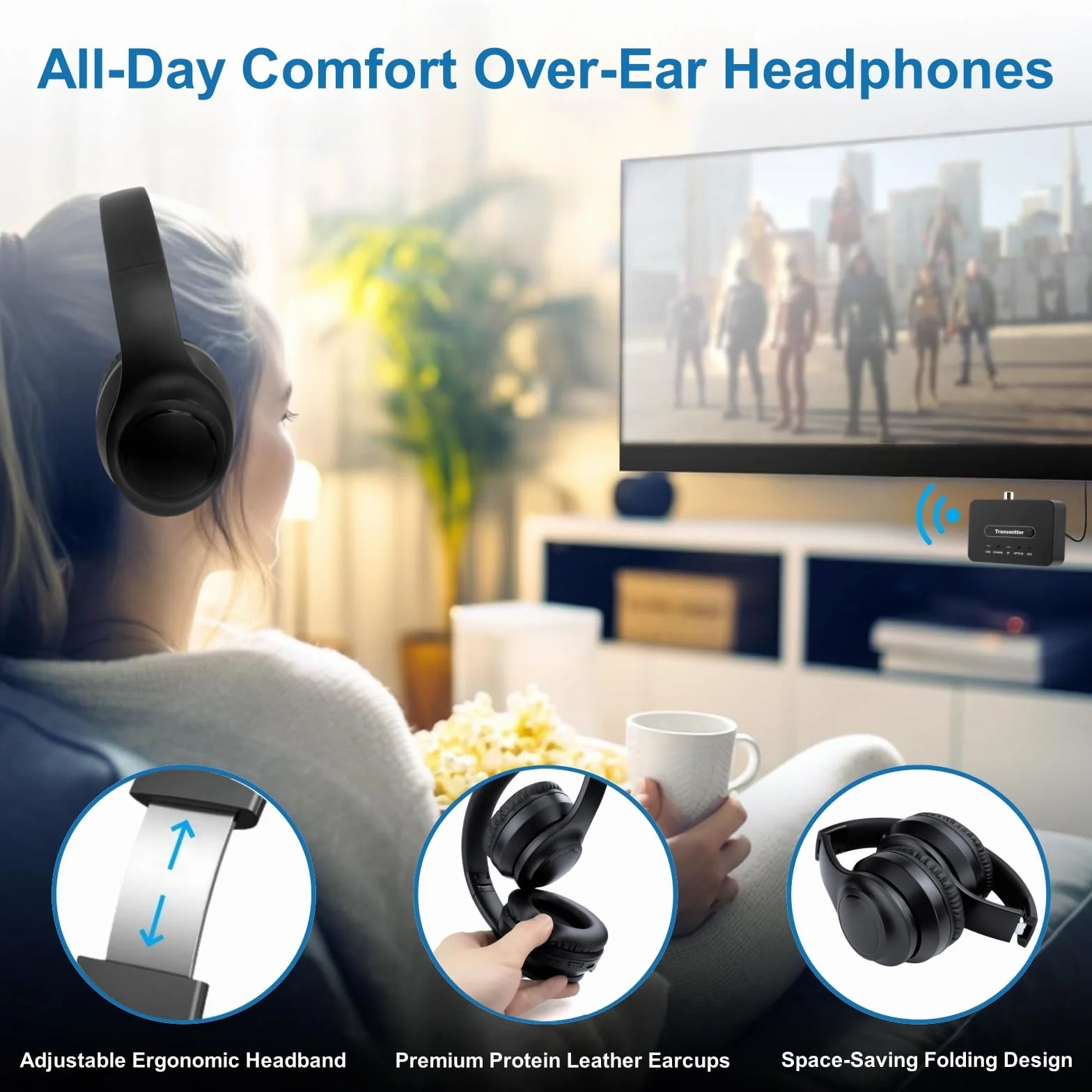 Kabelloser ANC TV Kopfhörer für Senioren - Active Noise Cancelling, Bluetooth 5.3 Over-Ear Funkkopfhörer mit Sender, Hi-Fi Sound, 35h Spielzeit