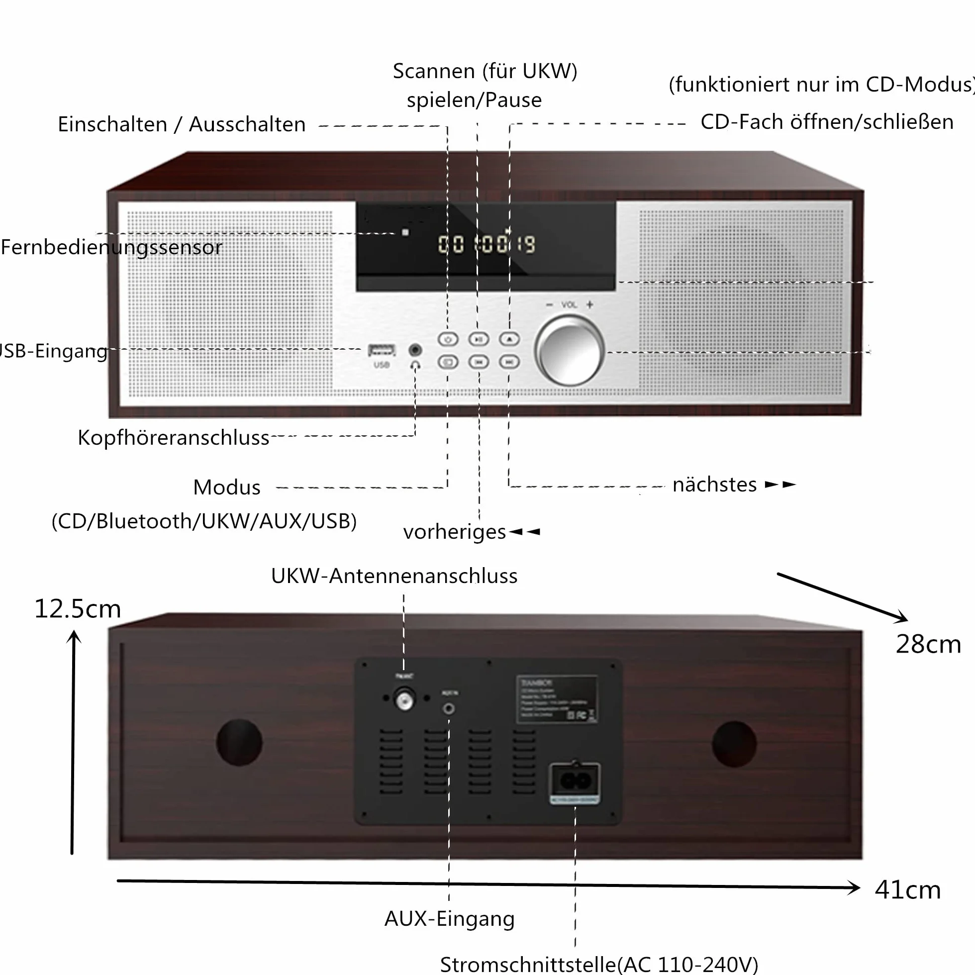 Jahrgang Micro HiFi-System CD-Stereoanlage Mini-Komponente 40W RMS CD-Player UKW/Bluetooth-kompatibel/USB/AUX/Fernbedienung/Kopfhörerbuchse Kompatibel mit hochauflösender Klangquelle,Silber,hölzern