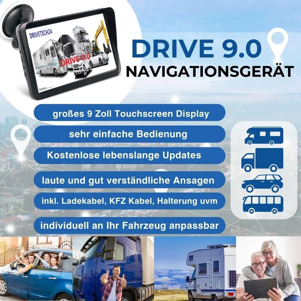 sehr großes 9 Zoll Wohnmobil GPS Navigationsgerät Drive-9.0 Display gut lesbar Touchscreen lebenslange Updates