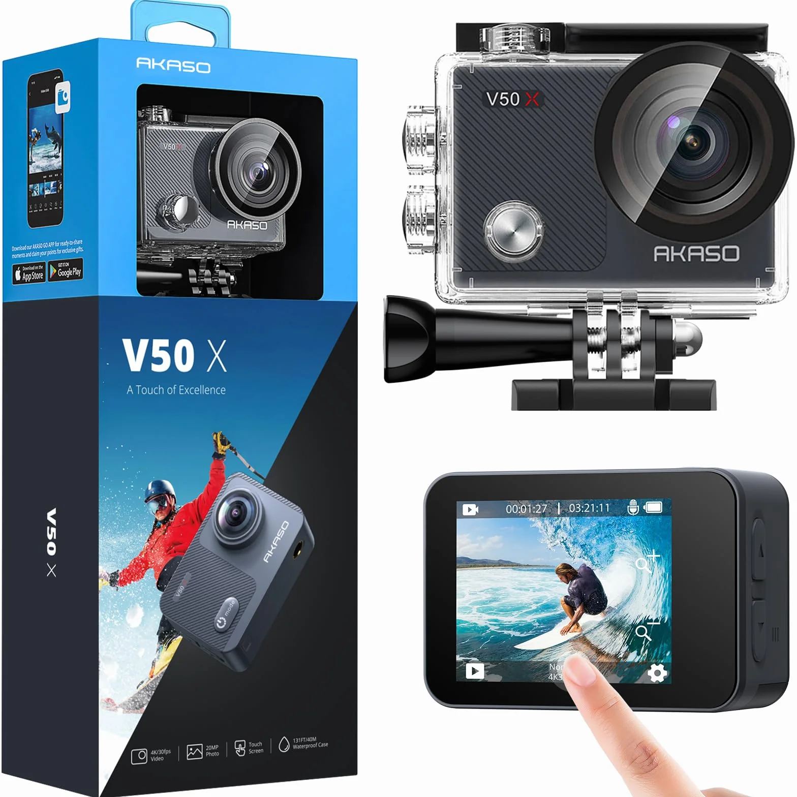 AKASO Action Cam 4K30FPS Unterwasserkamera WiFi 40M EIS Anti-Shake Action Kamera 4X Zoom mit Touchscreen, Fernbedienung, Sportkamera Wasserdicht Gehäuse,Helmzubehör-Kit V50X