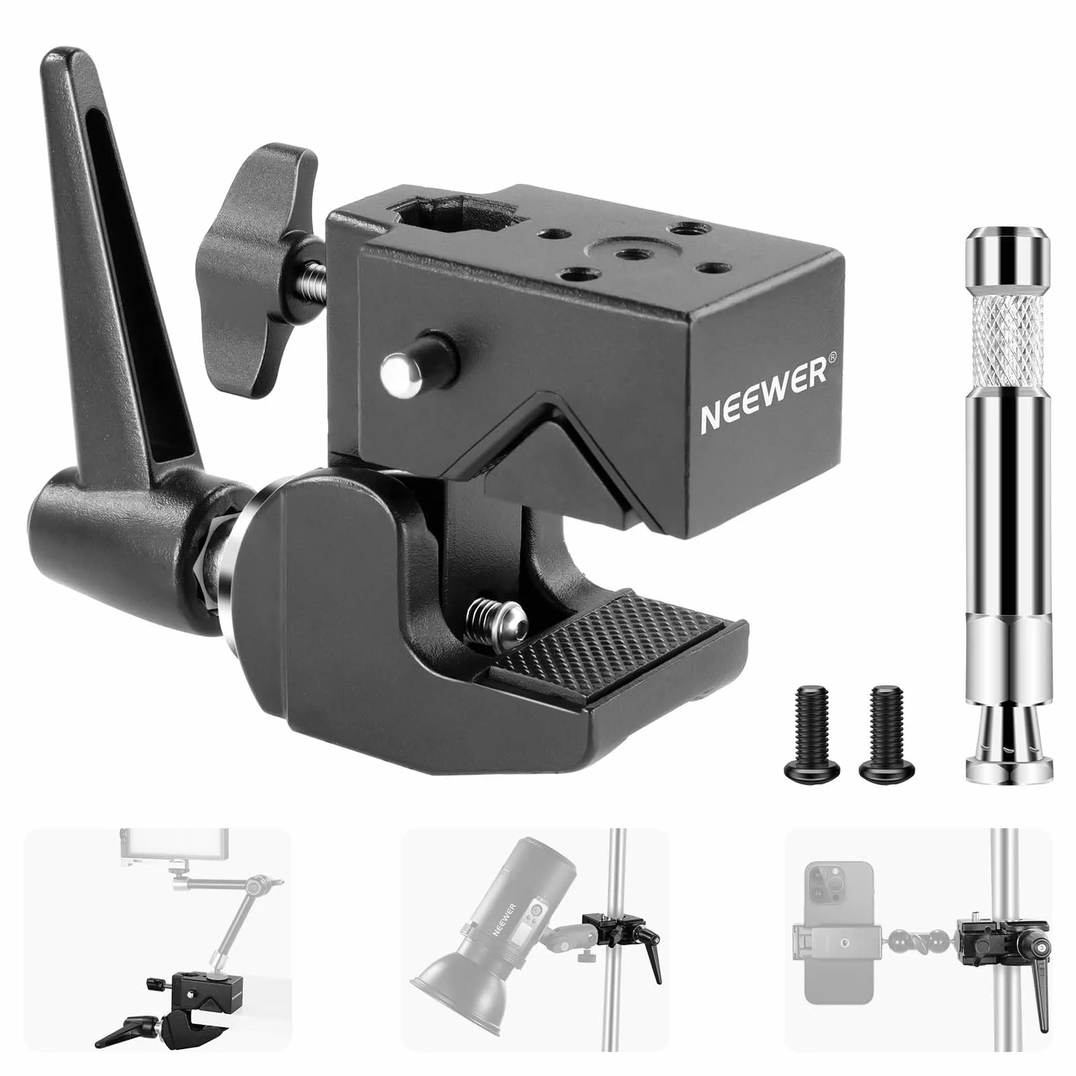 NEEWER Super Clamp mit 5/8" Bolzen, Federverschluss, 6cm Backengriff Heavy Duty Crab Pole Clamp für Rundrohre Flache Oberfläche, für Fotostudio Kamera Beleuchtung Montage, Max Load 15kg, UA017