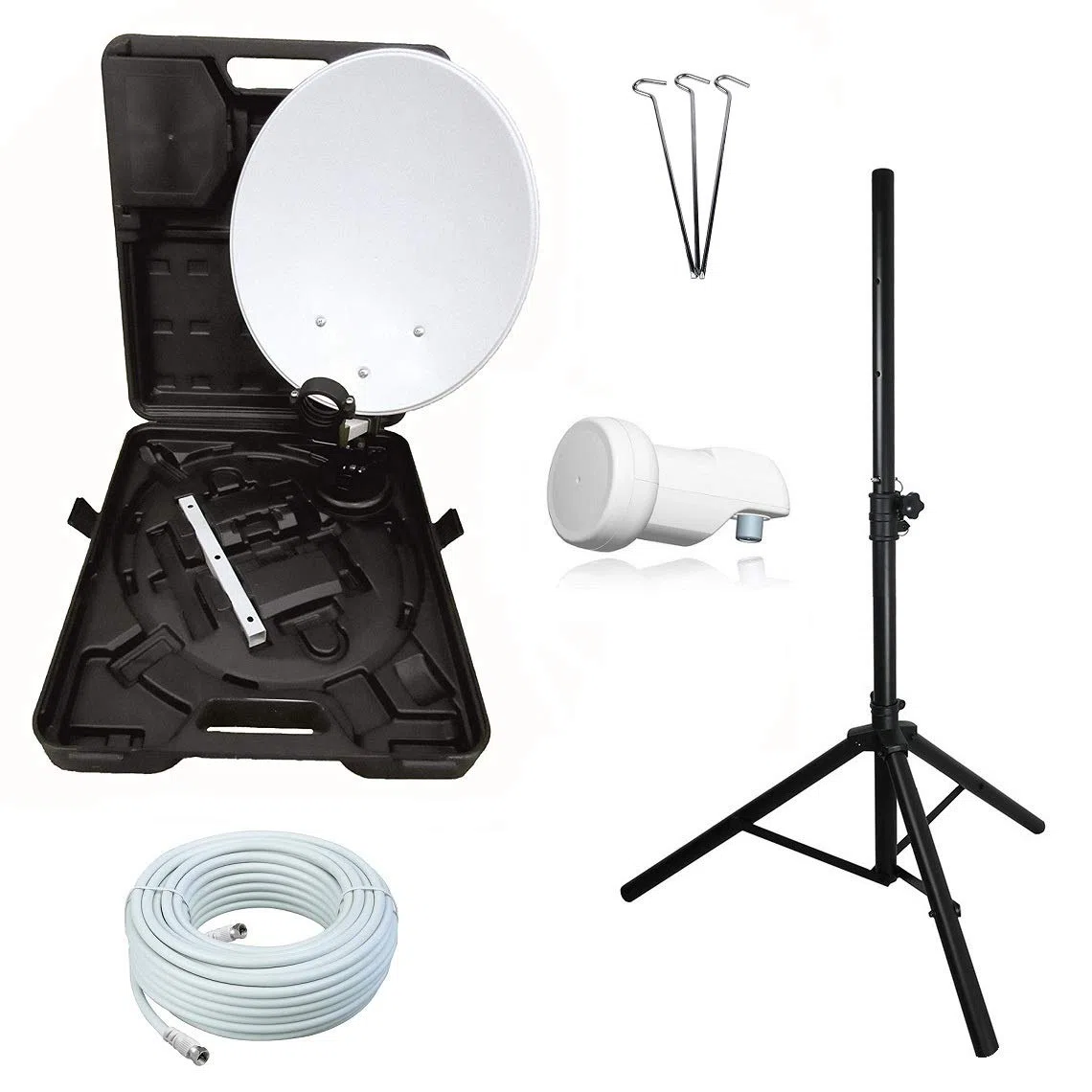 Camping SAT Koffer Schüssel mit HD Single LNB und 10m Kabel + Dreibein Stativ bis 100cm (Mobile Sat Anlage 1 Teilnehmer) Set