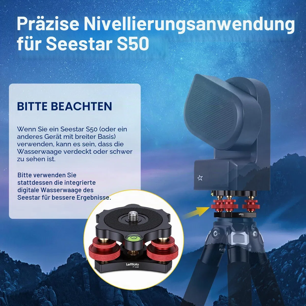 Stativ-Nivellierständer mit +/-5-Grad-Präzisions-Einstellungshalterung für Seestar S50/Panoramakopf, Kugelkopf, Videokopf und Stativ