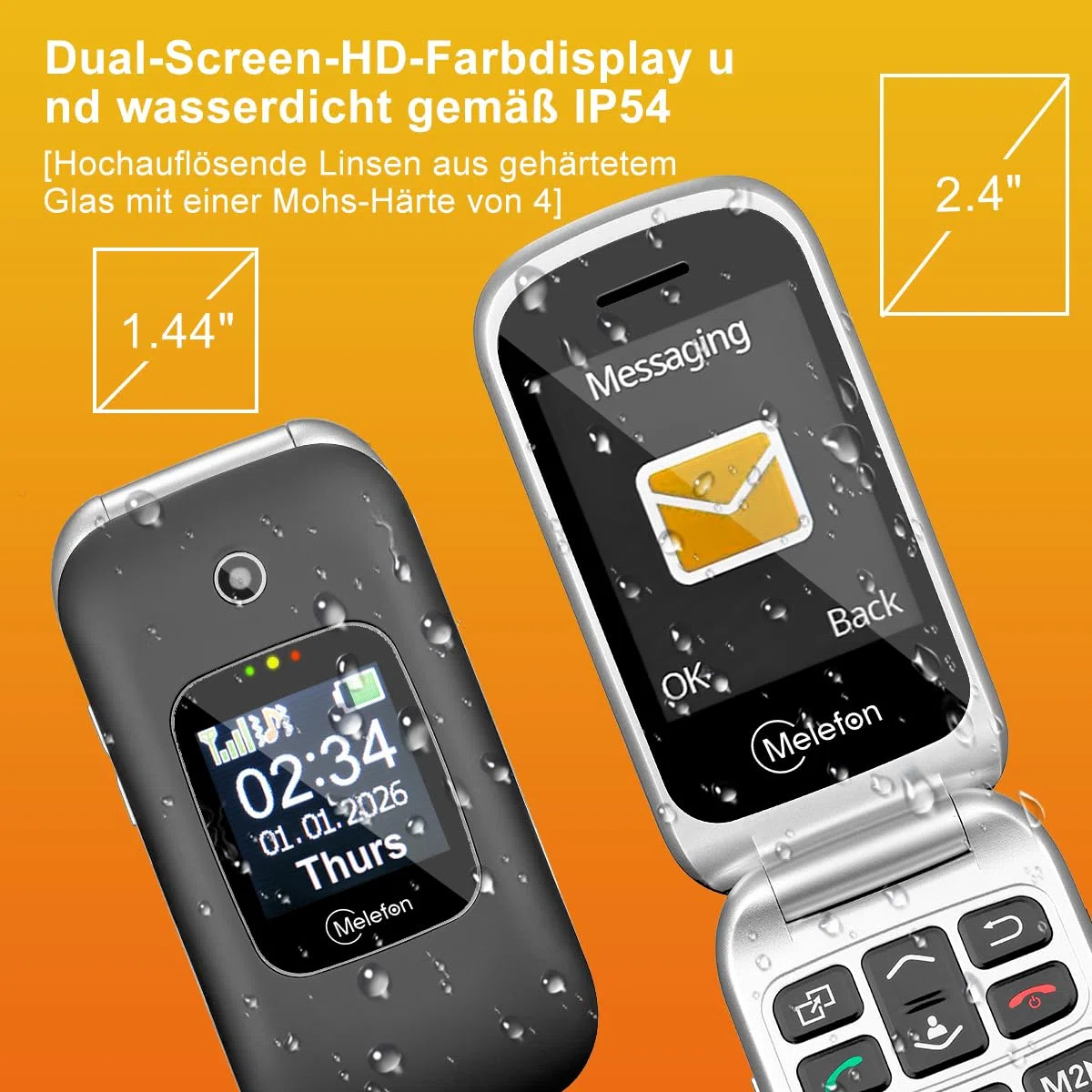 4G Seniorenhandy Klapphandy ohne Vertrag, Großtasten Handy für Senioren mit SOS Notruffunktion, Einfach zu bedienen, 2,4+1,44 Zoll Dual Display, Ladestation, FM Radio