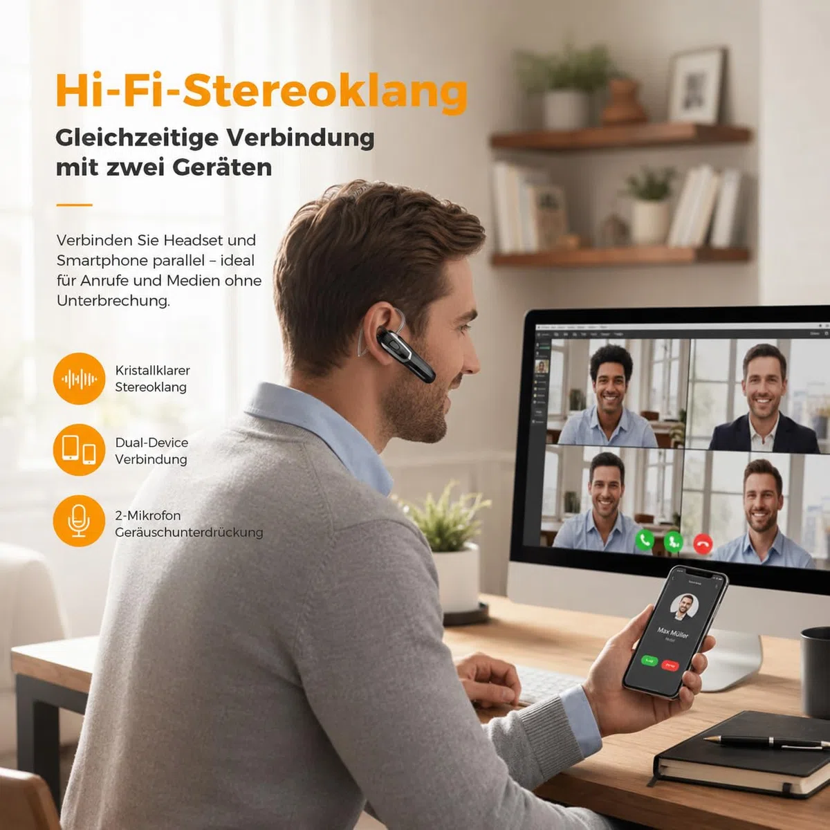 Bluetooth Headset V6.0 mit KI Geräuschunterdrückung 38 Std. Sprechzeit Single Ear Freisprech-Ohrhörer Dual Pairing Schwarz-Silber