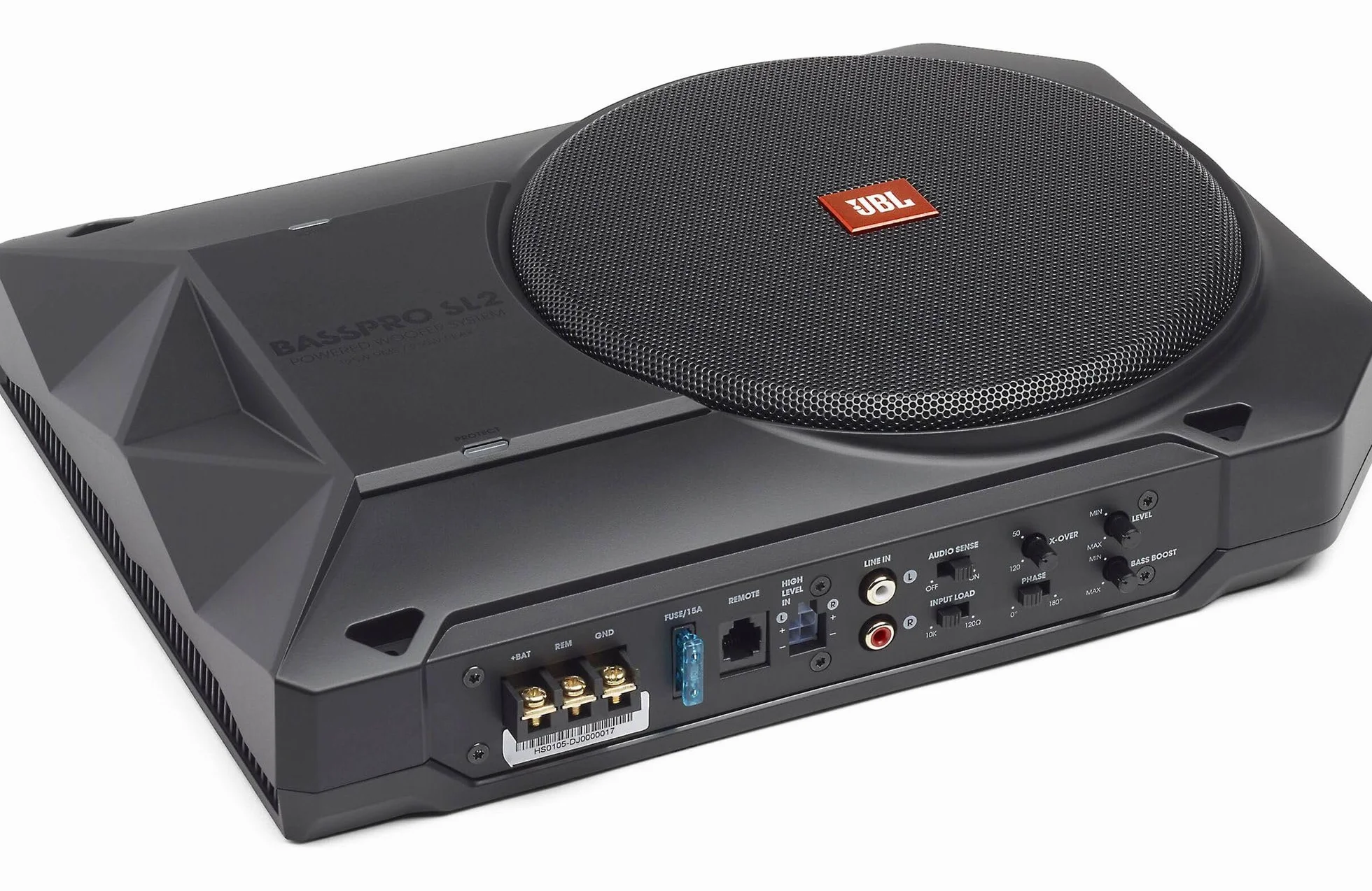 JBL BassPro SL2 Aktiv Subwoofer Auto Set - Car hifi Untersitz Bassbox Gehäuse mit Bassreflex Woofer box groß 200mm und 125 Watt aktiver Verstärker, Schwarz, 44