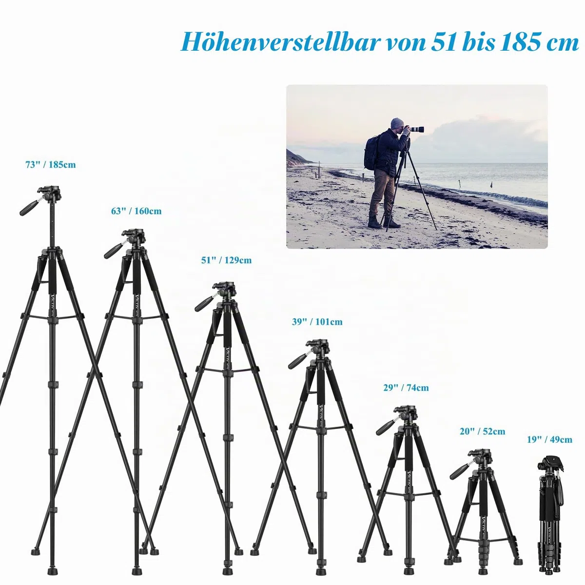 Victiv Kamera Stativ 52-160-185cm Höhe, Aluminium Fotostativ für DSLR Canon Nikon Sony, Dreibeinstativ mit Handy Halterung