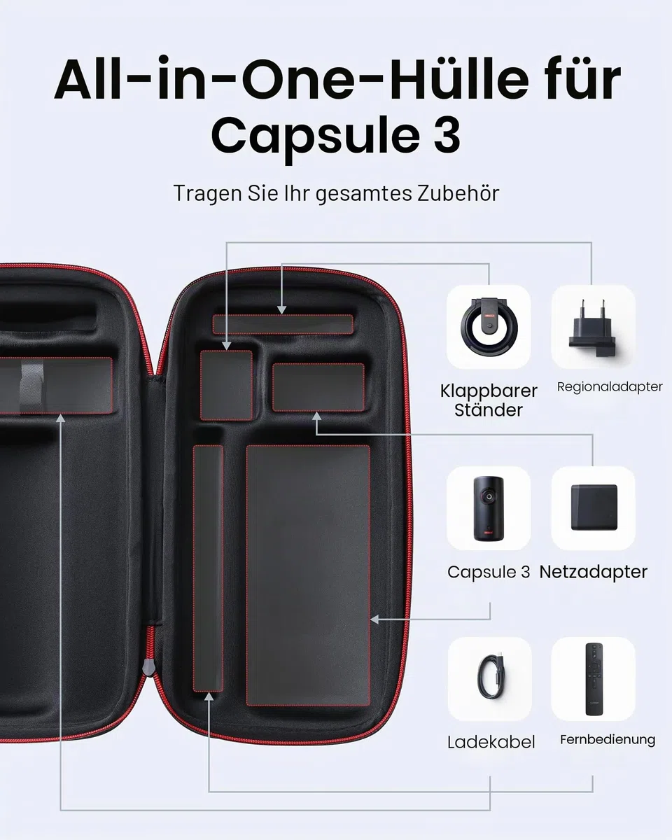 NEBULA Capsule 3 Offizielle All-in-One-Reisetasche, maßgeschneidert für Capsule 3, mit Adapter, Fernbedienung, Kabel und Ständer, wasserdichtes und schützendes Polyester