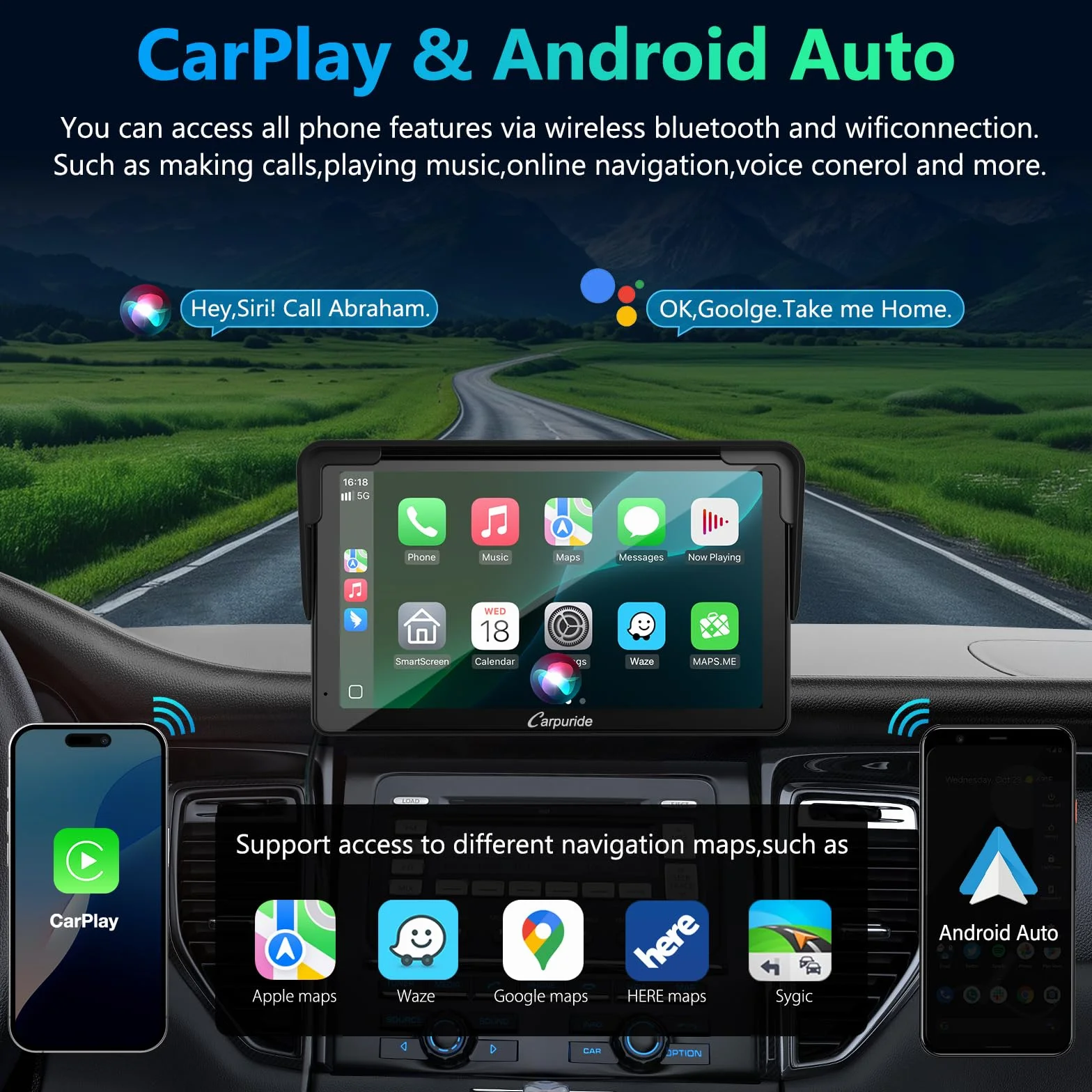 Carpuride Carplay Screen, Tragbares Kabelloses Carplay und Android-Auto, 7 Zoll 1080P HD-Touchscreen-Radio mit BT 5.0, Spiegel-Link-Unterstützung, LKW, Wohnmobil, Armaturenbrett-Halterung