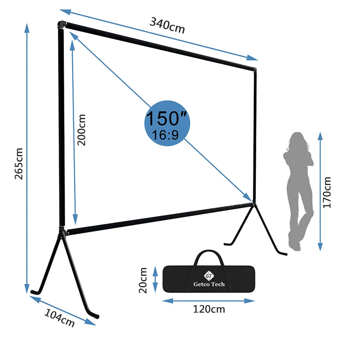 Beamer leinwand(150 "), Projektion Leinwand mit Ständer 16: 9 HD Faltbare Innen- / Außenprojektion, Videoprojektionswand für Zuhause, Party, Büro, Klassenzimmer…