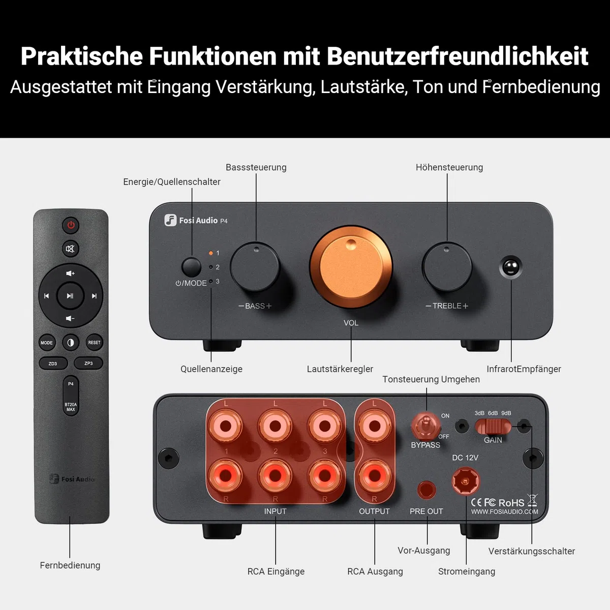 Fosi Audio P4 Mini vorverstärker mit 3 RCA-Eingängen, Heimaudio-Stereovorverstärker für Verstärker/Aktiv-Subwoofer/Lautsprecher, 3-stufigem Verstärkungsregler (3/6/9 dB), Bass- und Höheneinstellung