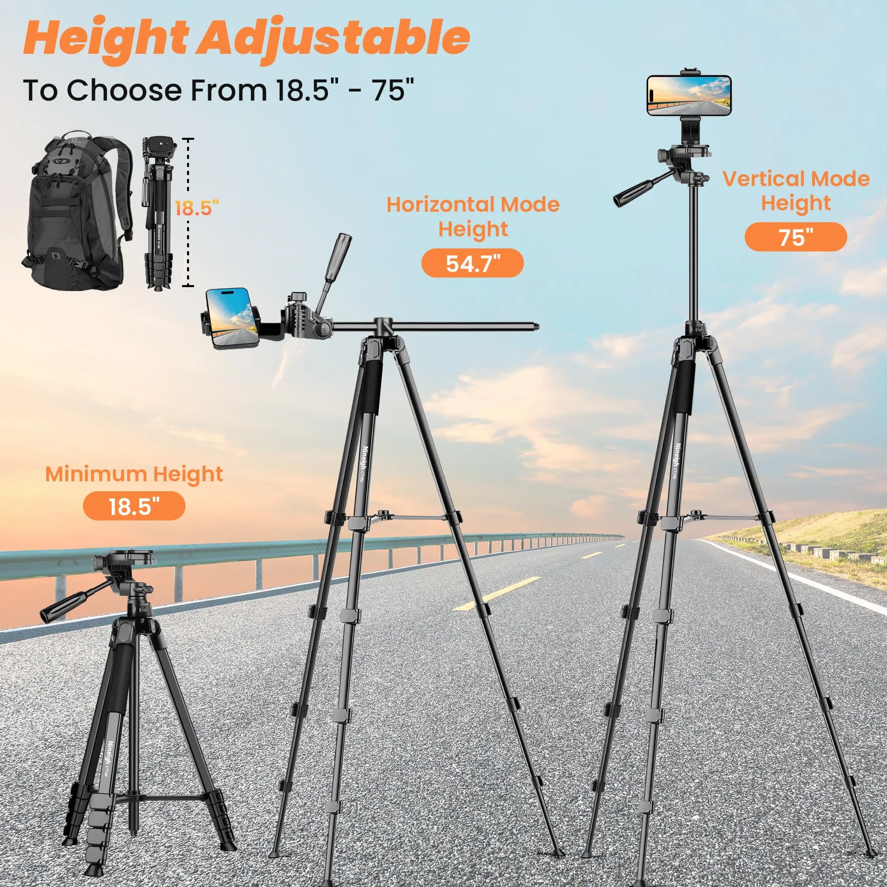 Nineigh Kamera Handy Stativ, 190cm Horizontal Stativ for Smartphone mit Fernauslöser, Leichtes Aluminium Camera Tripod mit 3 Wege Kopf, Fotostativ Kamera Reise für iPhone/Samsung/Huawei/DSLR