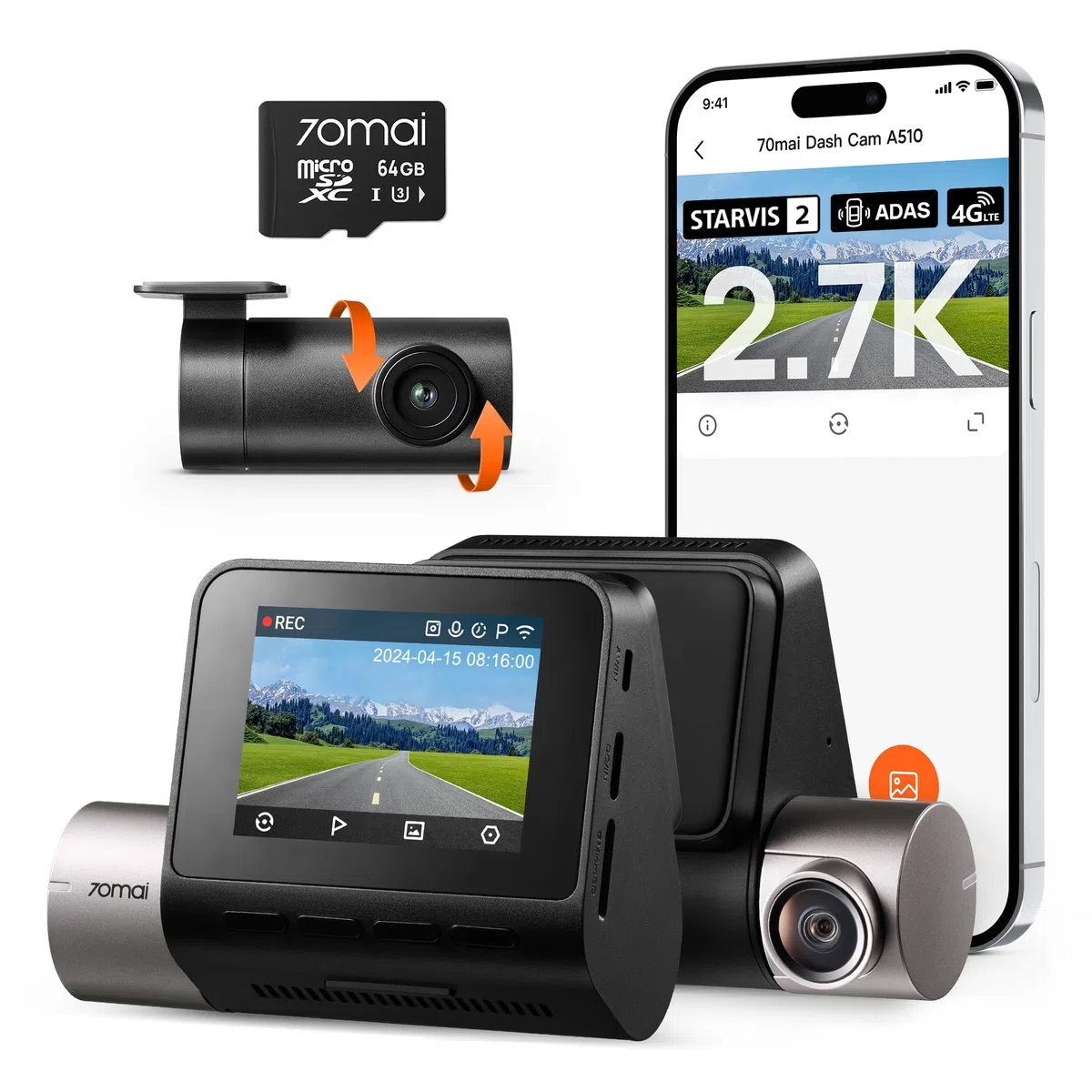 70mai A510 Dashcam 2.7K 1944P+1080P STARVIS 2 Dual HDR Nachtsicht, GPS, G-Sensor, ADAS, 64GB SD Karte