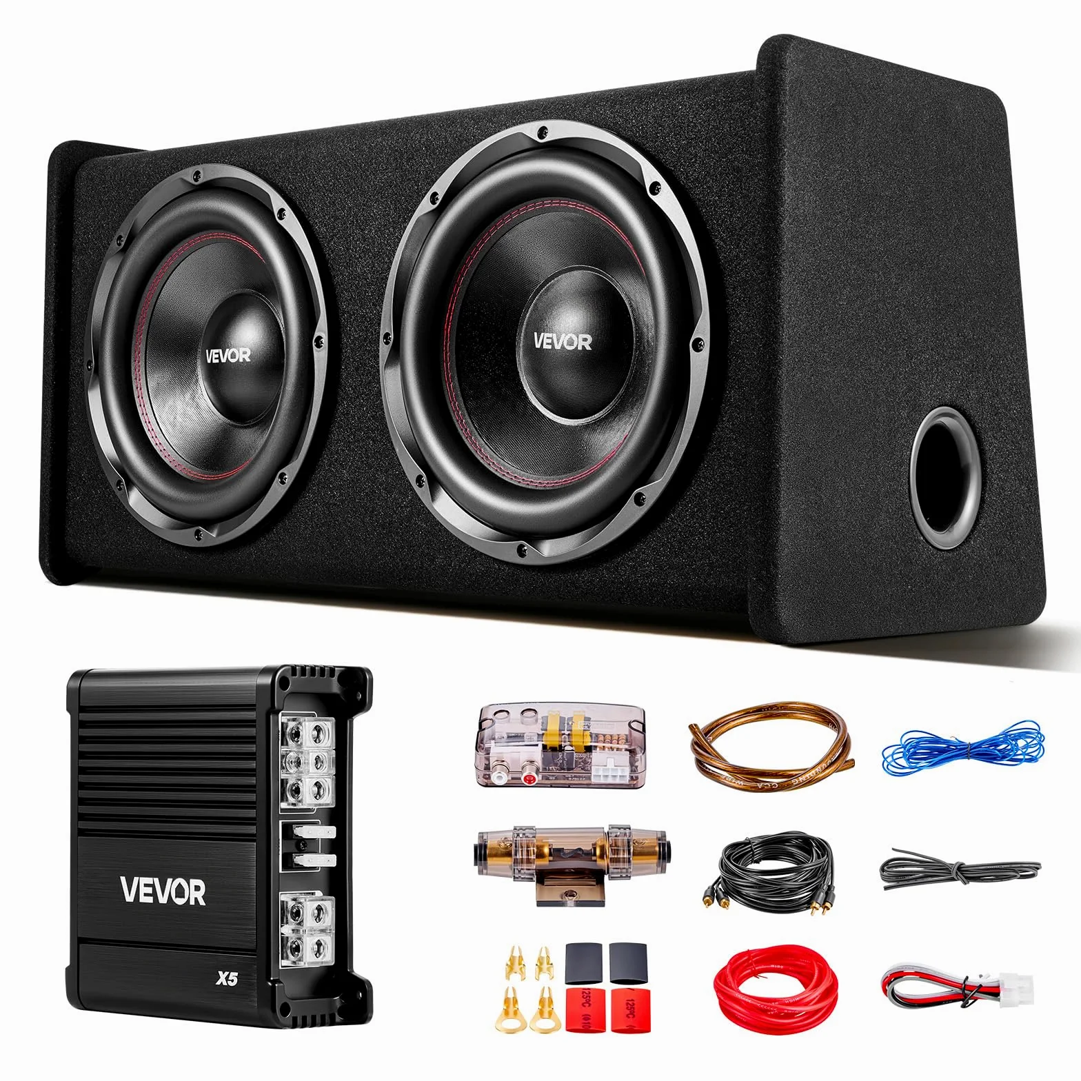 VEVOR Auto Subwoofer Set mit Bestücktem Gehäuse 305 mm, Dual-Subwoofer- und Verstärkerpaket 490 W RMS, mit Separatem Verstärker & Verkabelungssatz, Leistungsstarkes Car Audio Soundsystem für PKW & SUV