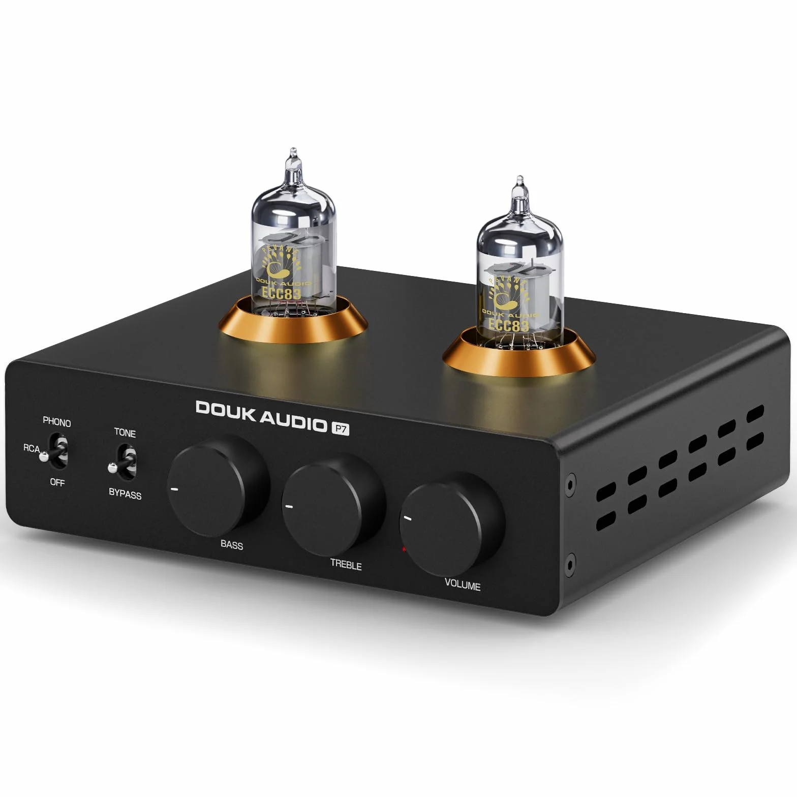 Douk Audio P7 Phono Vorverstärker: ECC83 Röhren Plattenspieler Vorverstärker mit Symmetrischem XLR Ausgang, Hochpassfilter, Bass- und Höhenregelung, Bypass für MM Plattenspieler, Verstärker