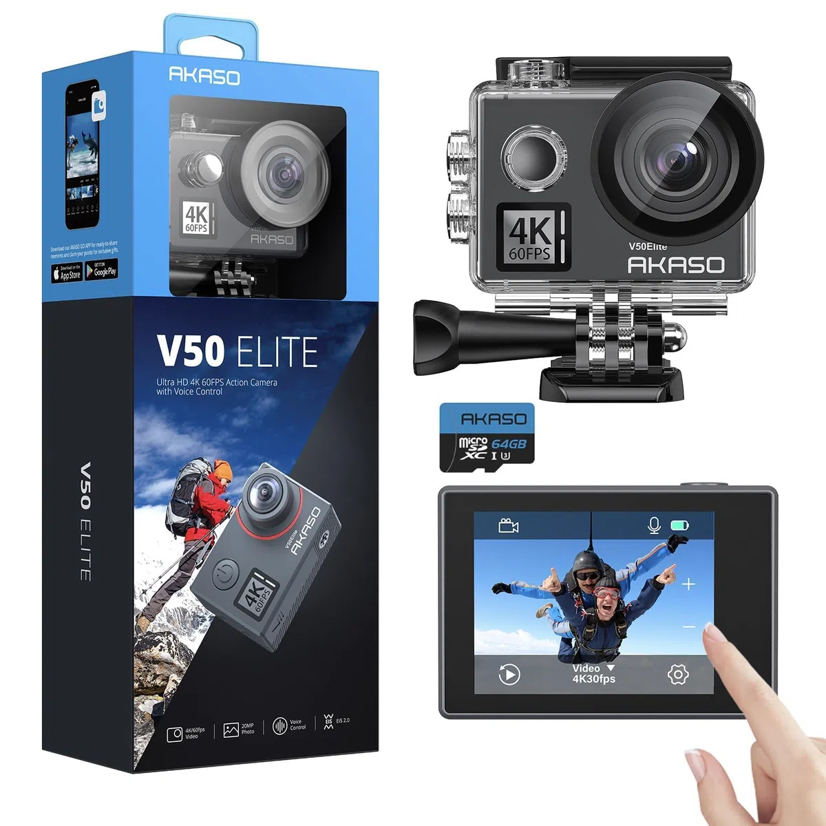 AKASO V50 Elite Action Cam,4K60FPS 20MP Unterwasserkamera mit 64GB U3 Speicherkarte WiFi mit Touchscreen EIS 40M Sportkamera 8X Zoom Sprachsteuerung Fernbedienung Zubehör Kit