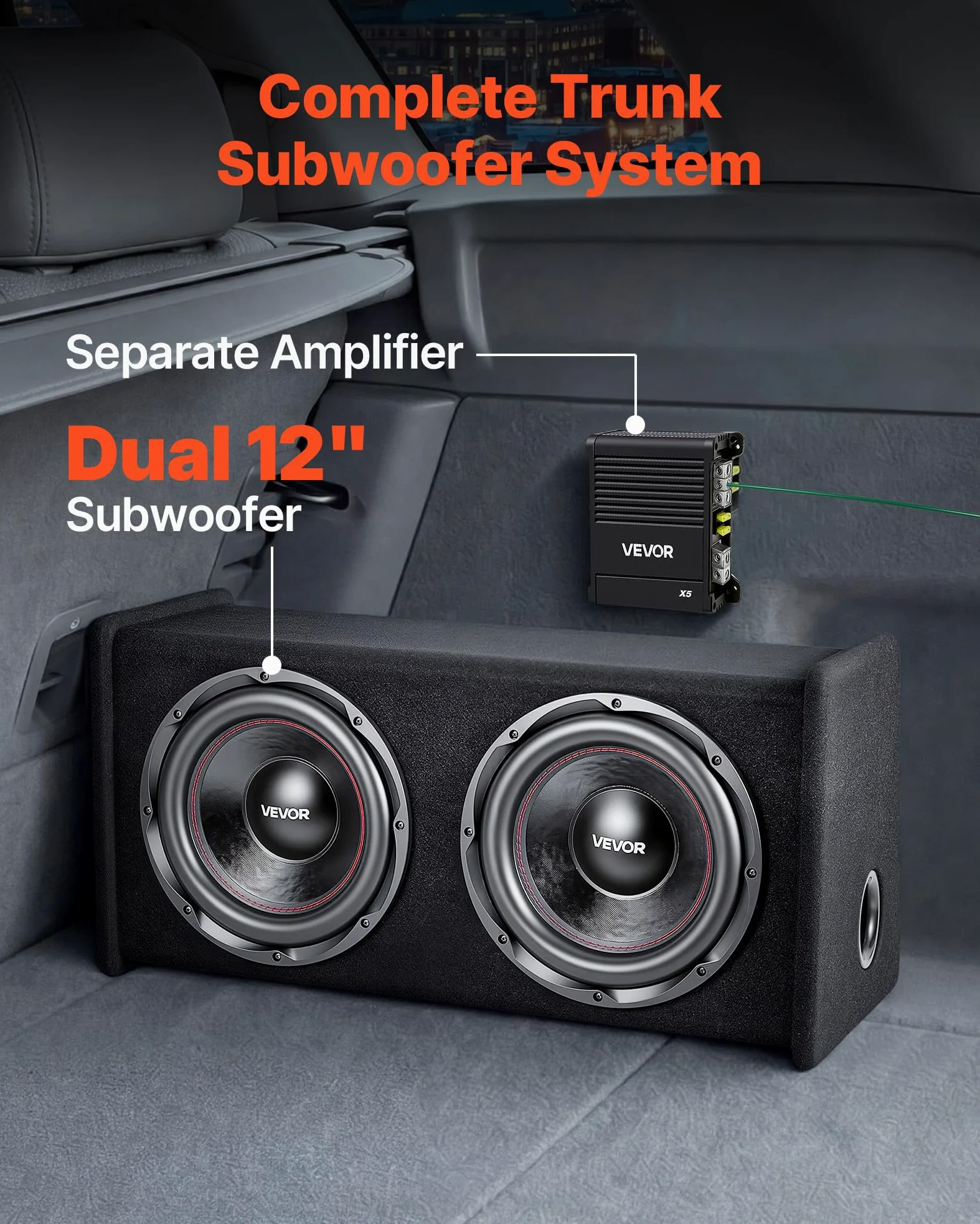VEVOR Auto Subwoofer Set mit Bestücktem Gehäuse 305 mm, Dual-Subwoofer- und Verstärkerpaket 490 W RMS, mit Separatem Verstärker & Verkabelungssatz, Leistungsstarkes Car Audio Soundsystem für PKW & SUV