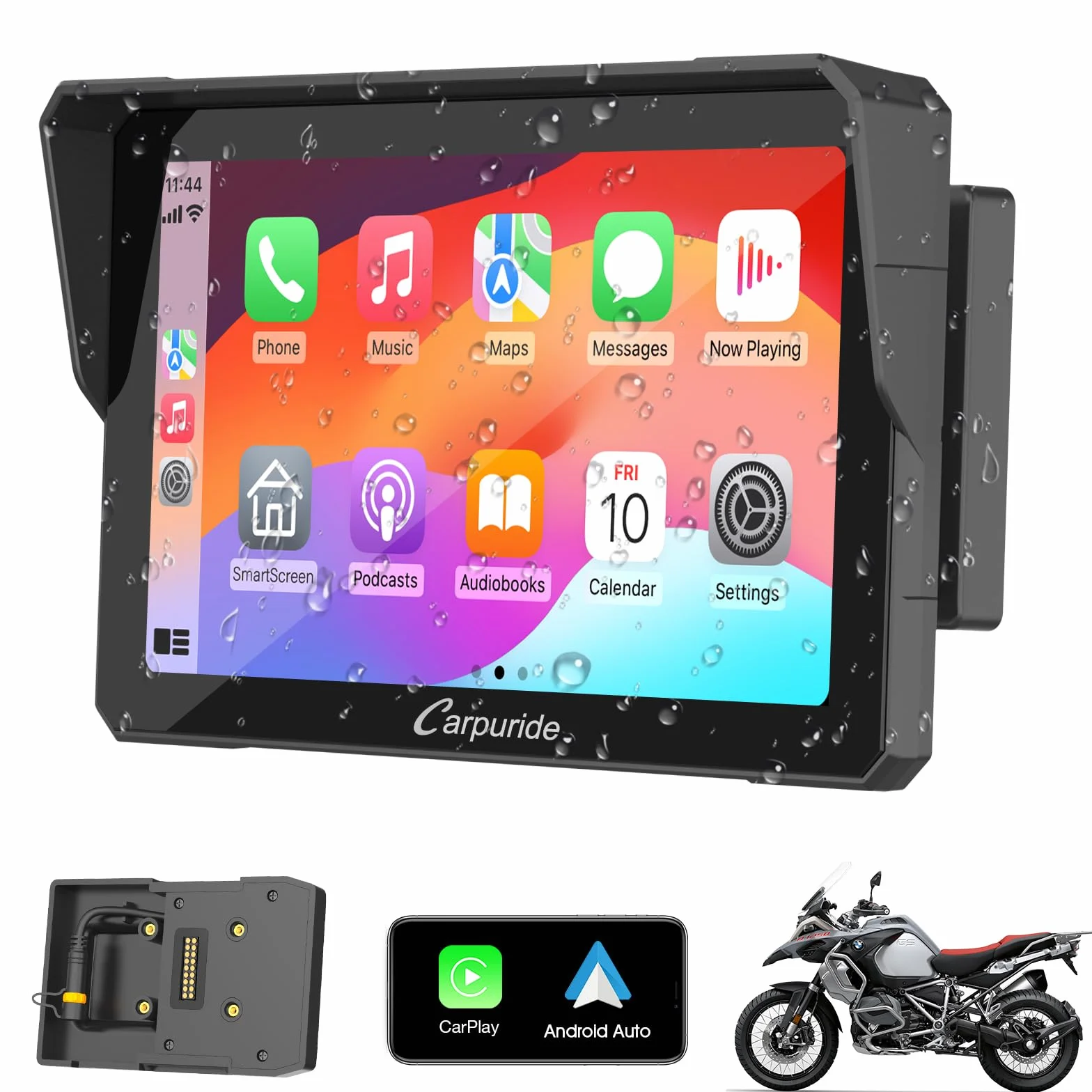 Carpuride W702B Motorrad GPS Carplay Bildschirm mit Design Halterung für BMW Motorräder, Kabelloses CarPlay und Android Auto, Tragbarer Wasserdichter 7" Touchscreen, Bluetooth Trans, Navigation, Siri.