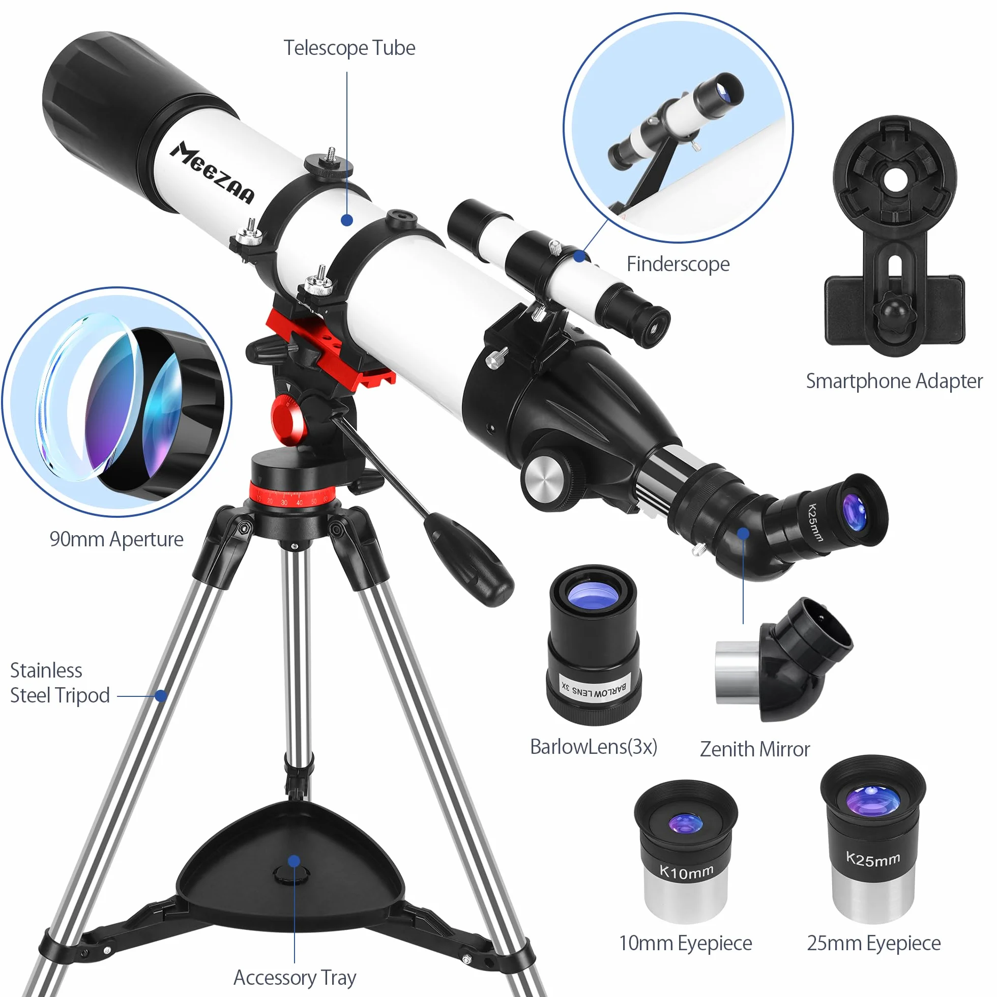 MEEZAA Teleskop, Teleskope für Erwachsene Astronomie Profi, 90mm Blende 800mm AZ Mount Refraktor Teleskop für Kinder und Anfänger, Teleskope Astronomisches zur Beobachtung von Mond und Planeten