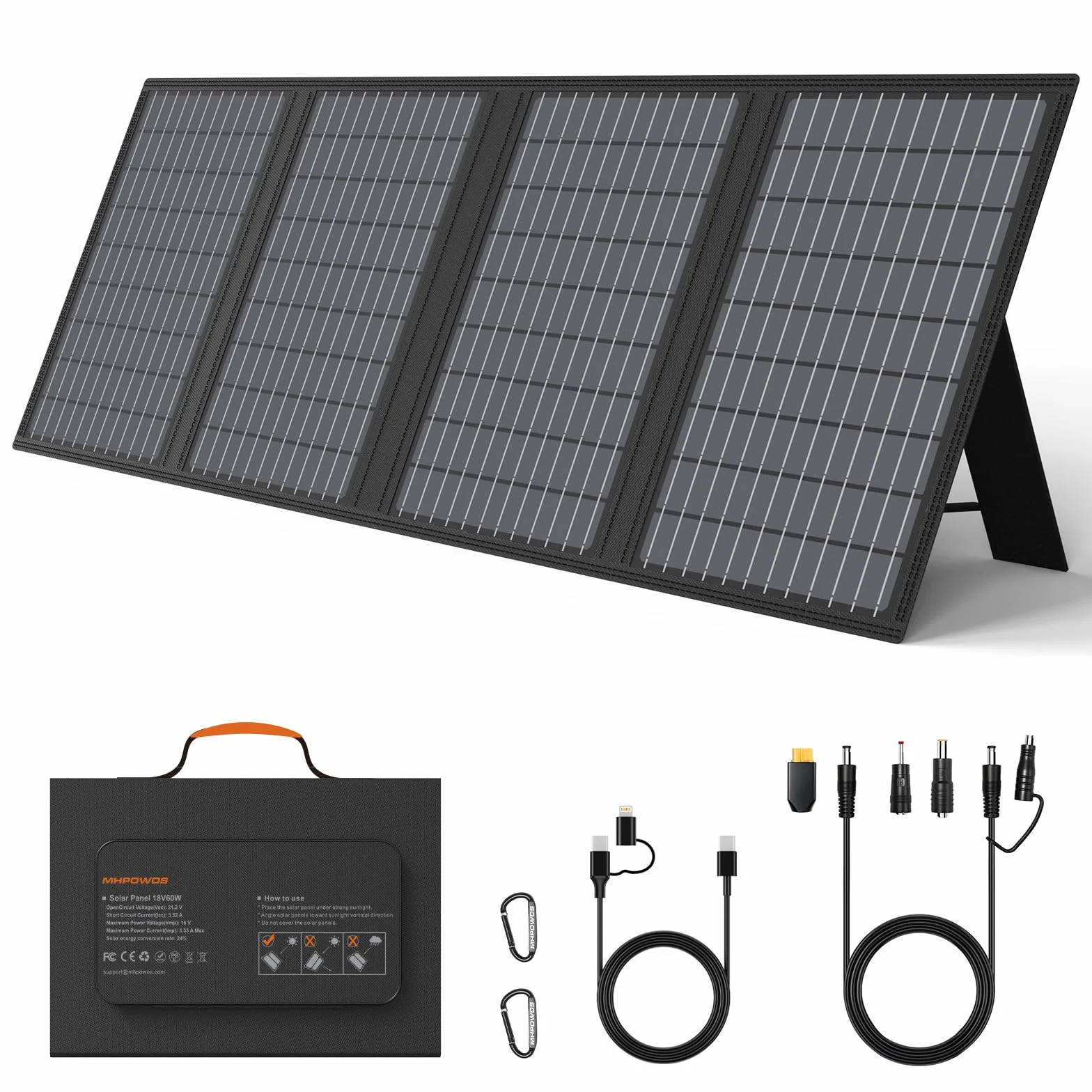 60W Tragbares Solarladegerät mit Ständer, Faltbares Solarpanel mit USB-C, USB-A und DC-Ausgängen, für Camping, Wandern, Notstromversorgung für Kleine Stromgeneratoren, Telefone, Powerbanks