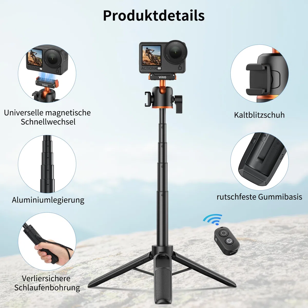 VRIG AC-90S Selfie Stick Stativ für DJI Osmo Action 6/5 Pro/ 4/ Osmo 360 | 55 cm Verlängerungsstab mit Magnetischer-Schnellwechseladapter & Fernbedienung für Vlogs, Live-Übertragungen und Reisen