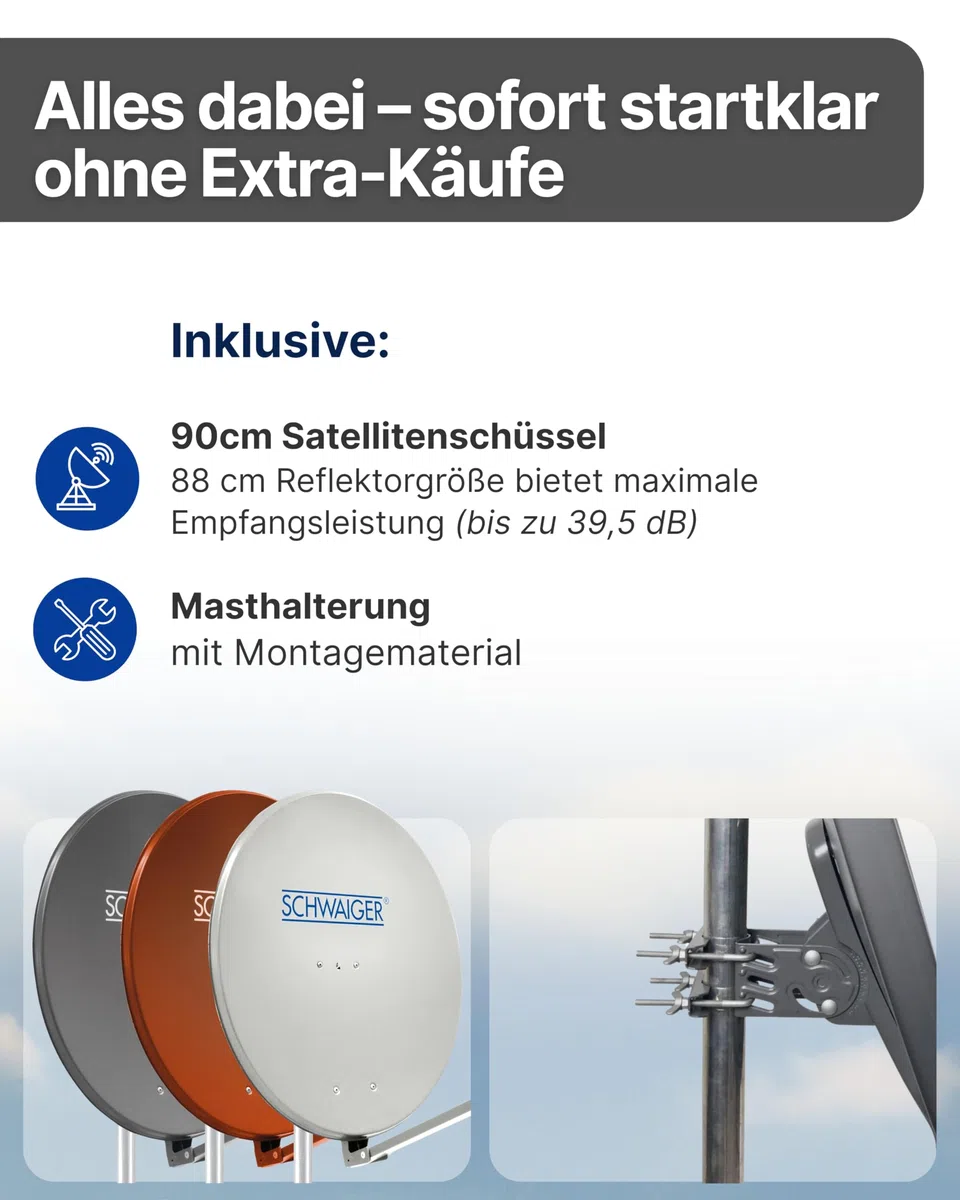SCHWAIGER Satellitenschüssel I Ø 90 cm Aluminium Offset Antenne in hellgrau I Multifeed geeignet & wetterfest I SAT Schüssel mit LNB Tragarm & Masthalterung I maximale Empfangsleistung 39,5dB