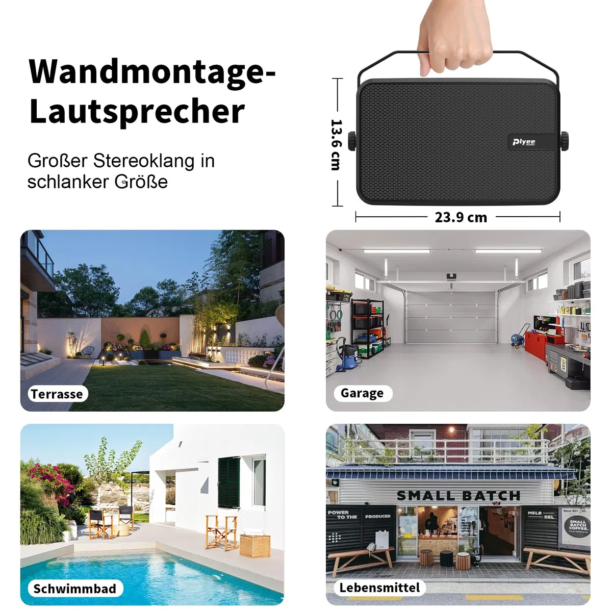 Bluetooth-Lautsprecher für den Außenbereich, Aktive + Passive Wandlautsprecher, Aux-Eingangsunterstützung, Integrierter Verstärker, Geeignet für Terrasse, Veranda, Garage, Pool, 2er-Pack