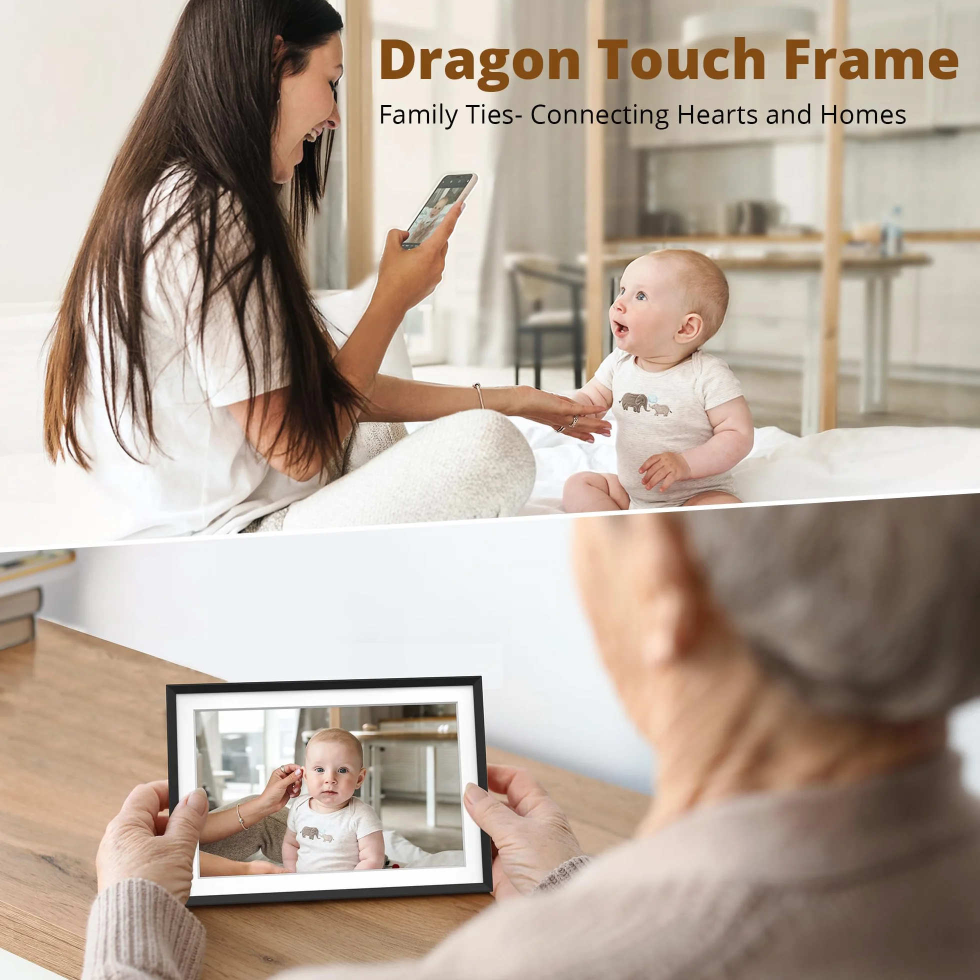 Dragon Touch 10.1'' WiFi Digitaler Bilderrahmen – HD IPS Touchscreen, Auto-Rotate, Sofortiges Teilen von Fotos/Videos, 16GB Speicher Familie und Freunde