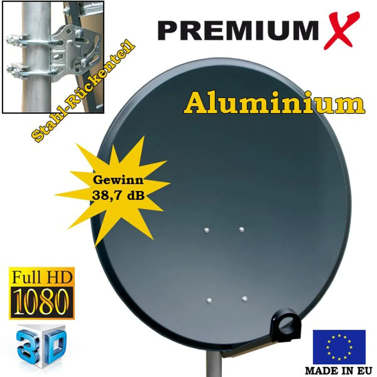 PremiumX Camping Satelliten-Komplettanlage 80cm Satellitenschüssel Aluminium SAT Single LNB Tripod Dreibein-Stativ 3X Heringe