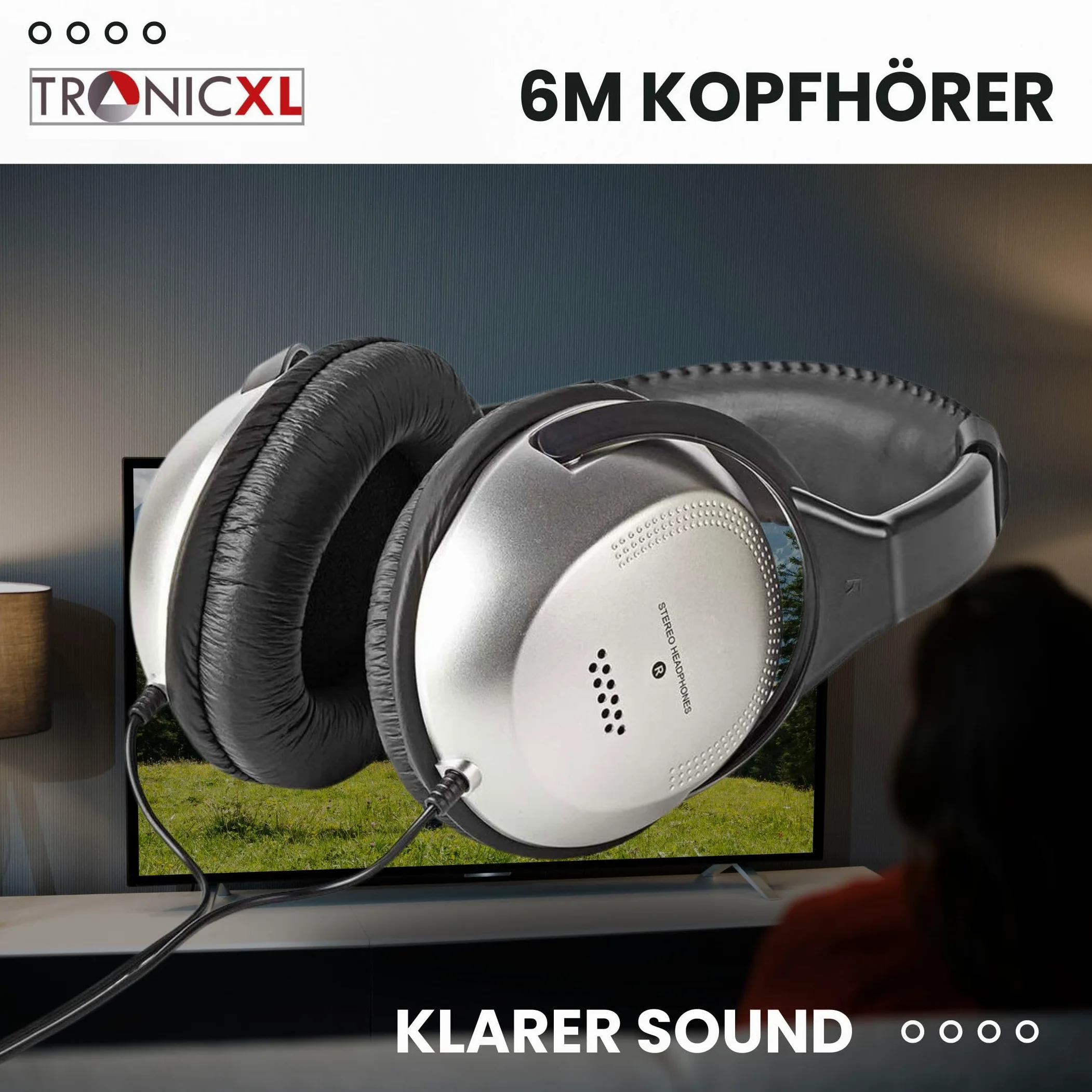 TronicXL Fernsehkopfhörer Stereo 6m Kabel kompatibel Sony LG Panasonic Grundig Samsung